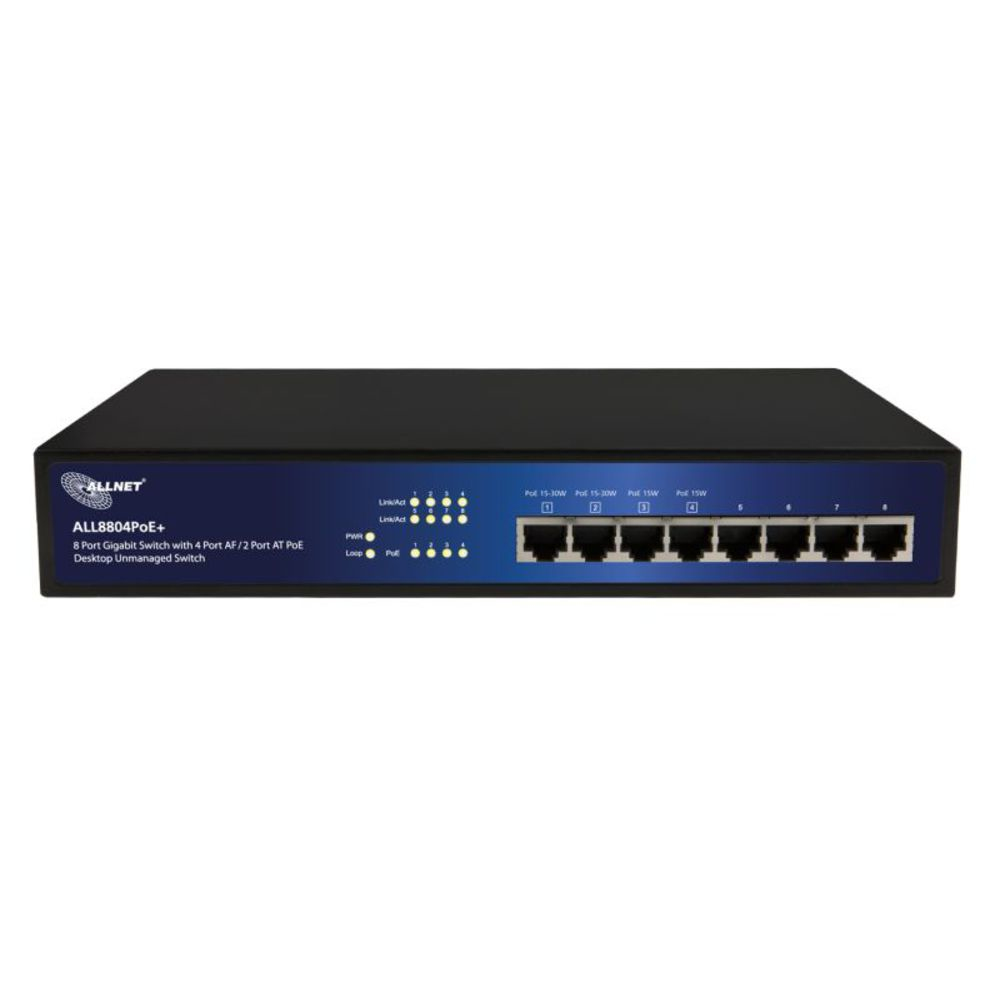 ALLNET ALL8804PoE+ Gigabit Ethernet Switch 8 Ports PoE+ Schwarz, Blau