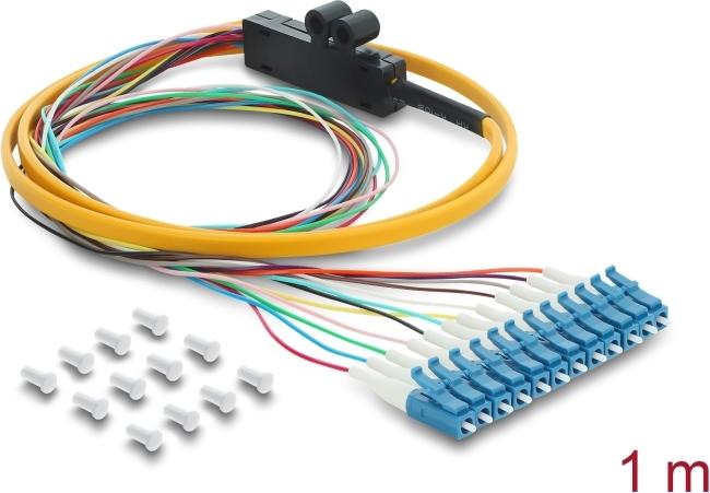 Delock LWL Pigtail Fanout Kabel 12 x LC-UPC Simplex Stecker zu 12 x offenes Kabelende 1 m (91050)