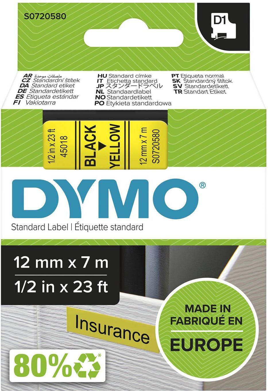DYMO D1 Etikettenband 12 mm x 7 m Schwarz auf Gelb