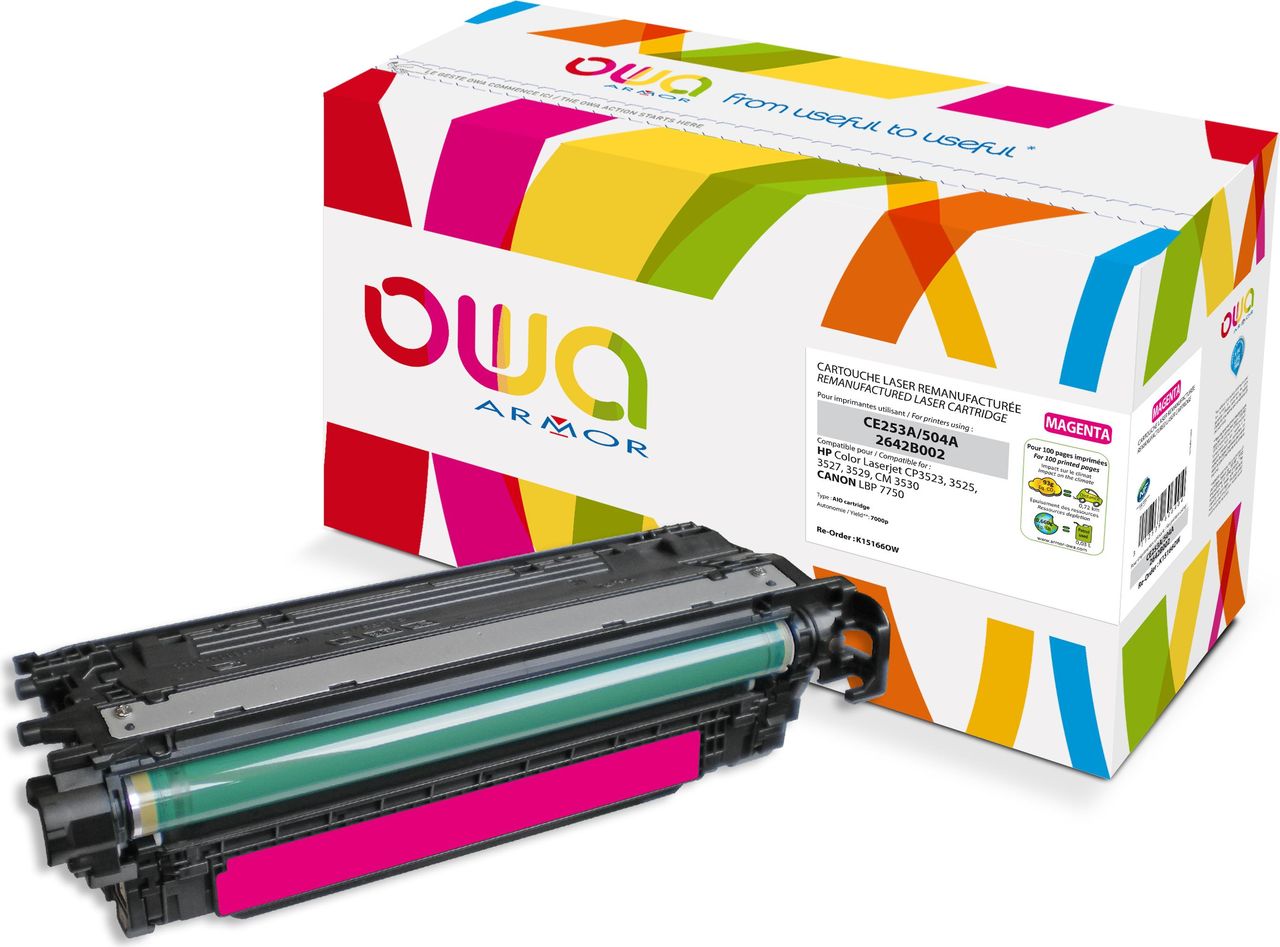 Armor K15166OW. Druckfarben: Magenta, Markenkompatibilität: HP, Kompatible Produkte: HP Color Laserjet CP3523, CP3525, CP3527, CP3529, CM3530, CANON 7750. Gewicht: 1,04 kg. Verpackungsbreite: 380 mm, Verpackungstiefe: 140 mm, Verpackungshöhe: 233 mm (K15166OW)