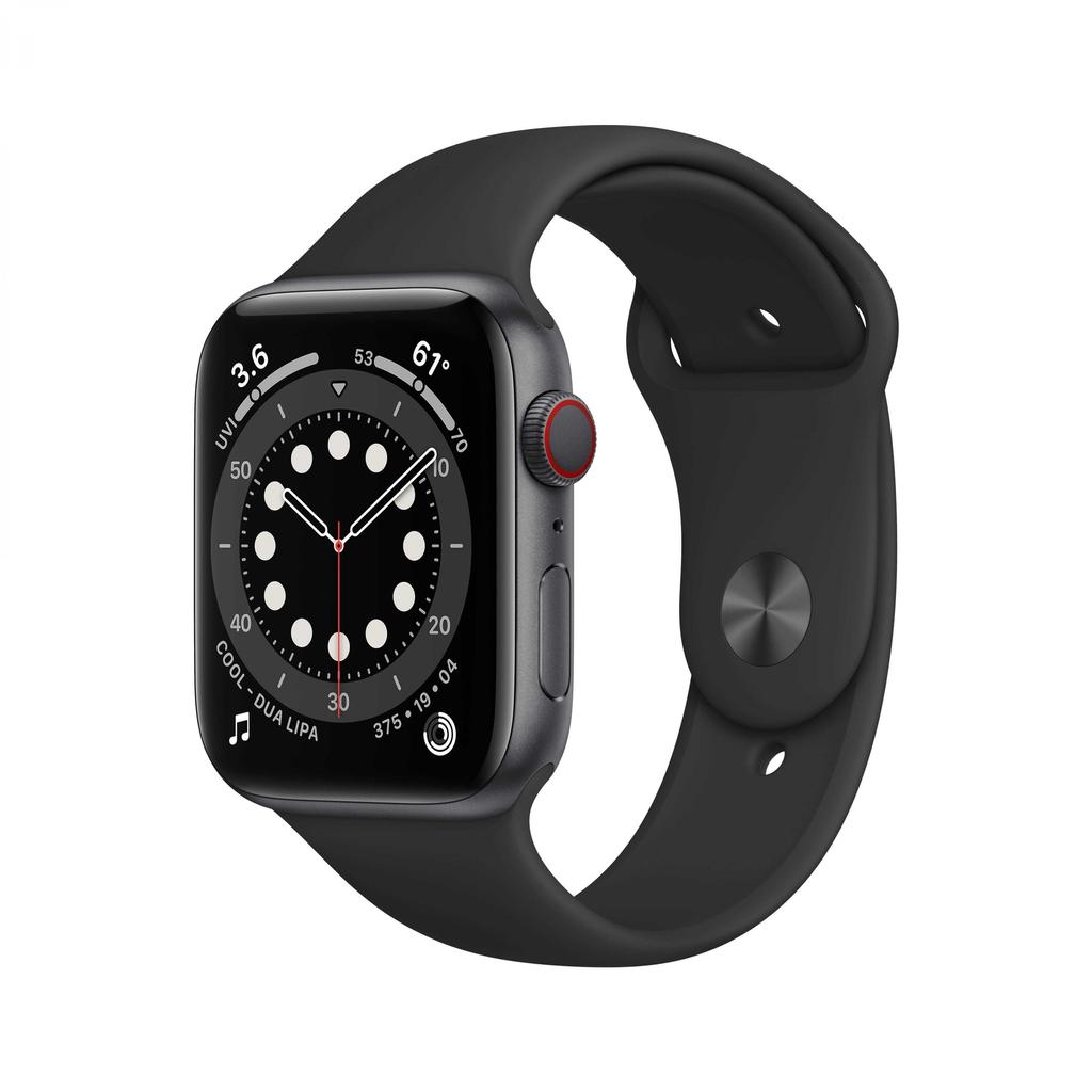 Apple Watch Series 6. Display-Typ: OLED, Bildschirmauflösung: 368 x 448 Pixel, Touchscreen. Flash-Speicher: 32 GB. WLAN. GPS. Wasserdicht bis: 50 m, Armbandfarbe: Schwarz. Installiertes Betriebssystem: watchOS 6 (MG2E3NF/A) (geöffnet)