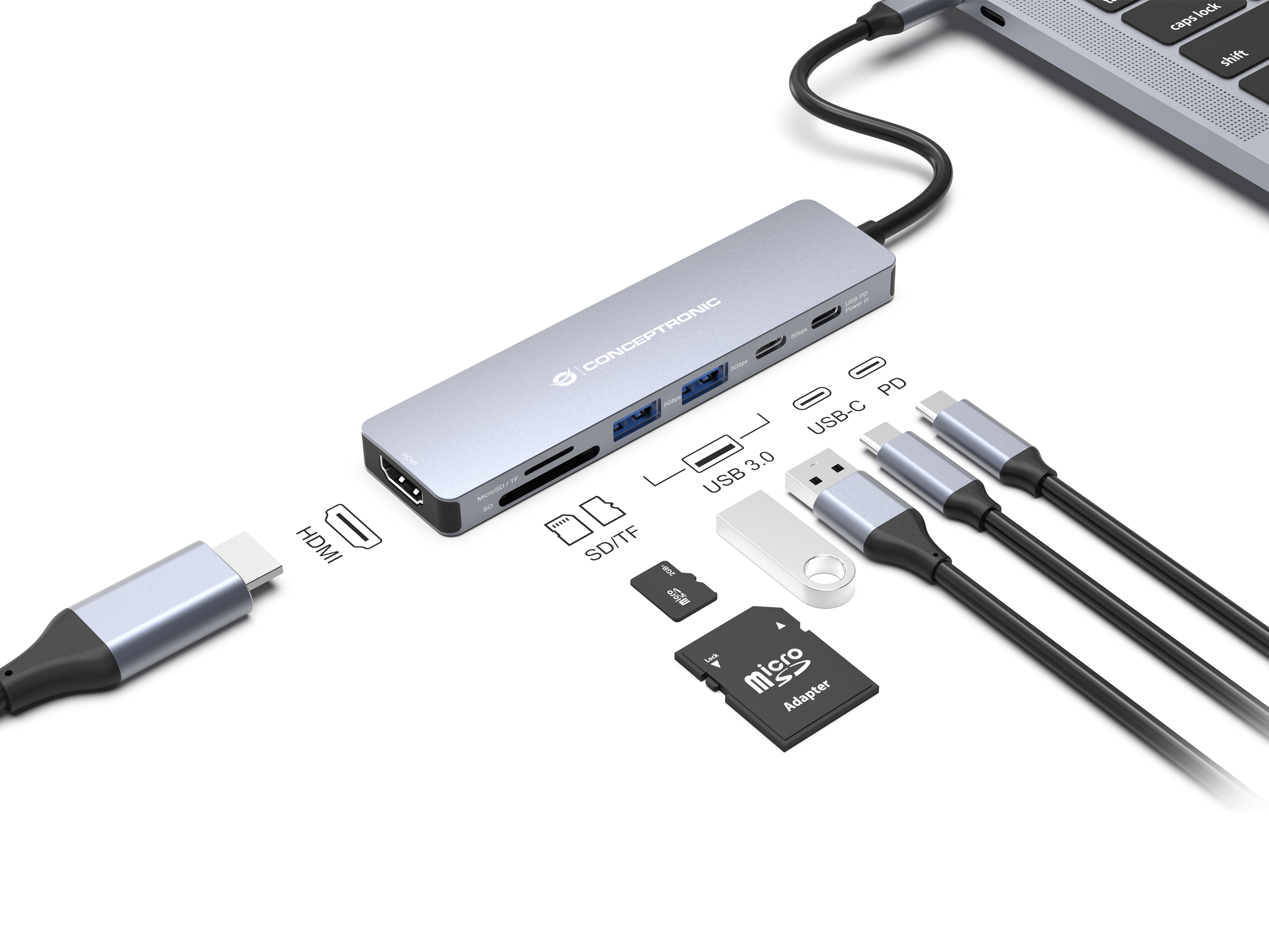 Conceptronic DONN28G 7-in-1 USB 3.2 Gen 1 Dockingstation Grau