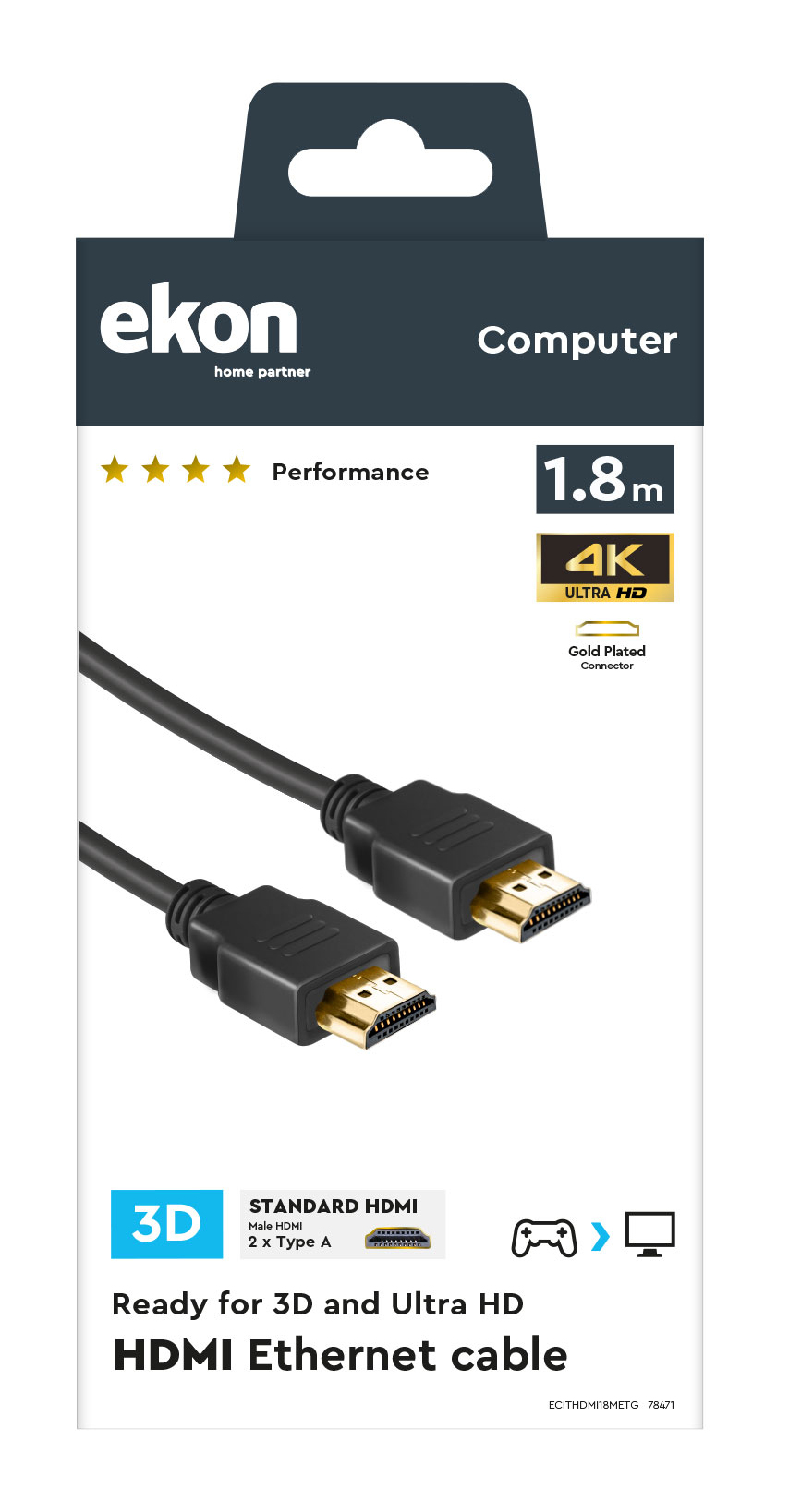 ekon HDMI Ethernet Metallkabel 4K Ultra HD 1,8 m Schwarz