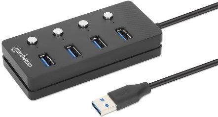 MANHATTAN 4-Port USB 3.0 Typ-A Hub USB-A-Stecker auf vier USB-A-Buchsen, 5 Gbit/s SuperSpeed USB (USB 3.2 Gen 1), 1,5 m Kabel, An/Aus-Schalter für jeden Port, Stromversorgung über USB oder Netzteil, schwarz (180887)