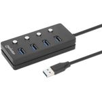 MANHATTAN 4-Port USB 3.0 Typ-A Hub USB-A-Stecker auf vier USB-A-Buchsen, 5 Gbit/s SuperSpeed USB (USB 3.2 Gen 1), 1,5 m Kabel, An/Aus-Schalter für jeden Port, Stromversorgung über USB oder Netzteil, schwarz (180887)