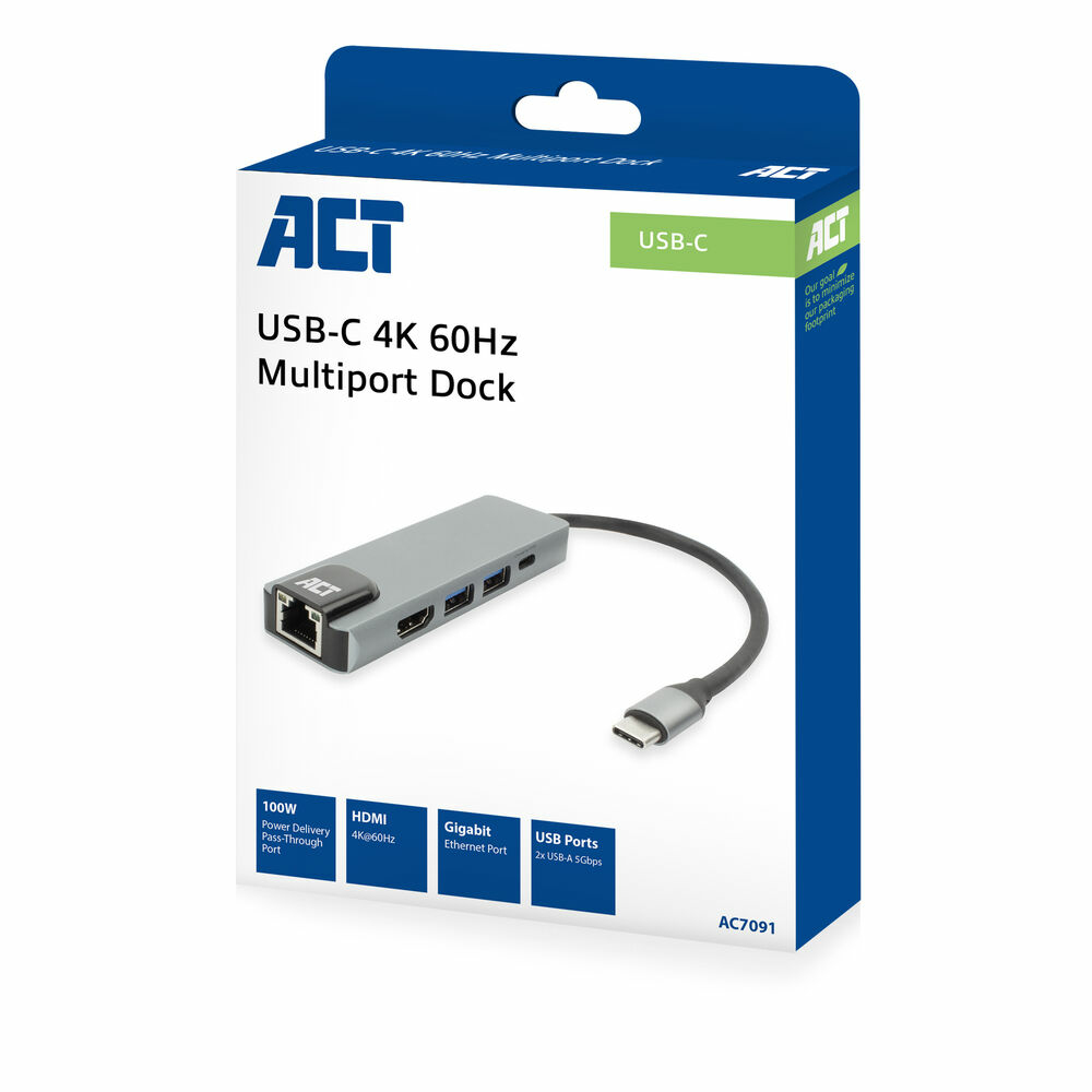 ACT AC7091 Dockingstation USB-C 3.2 Gen 1 HDMI 1GbE Schwarz, Grau