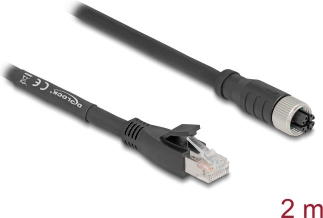 Delock M12 Kabel X-kodiert 8 Pin Buchse zu RJ45 Stecker Cat.5e S/FTP flexibel 2 m schwarz (80590)