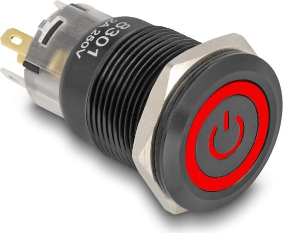 Delock Druckschalter zum Einbau schwarz 19 mm 12 V rastend 5x Lötanschluss LED rot Powersymbol