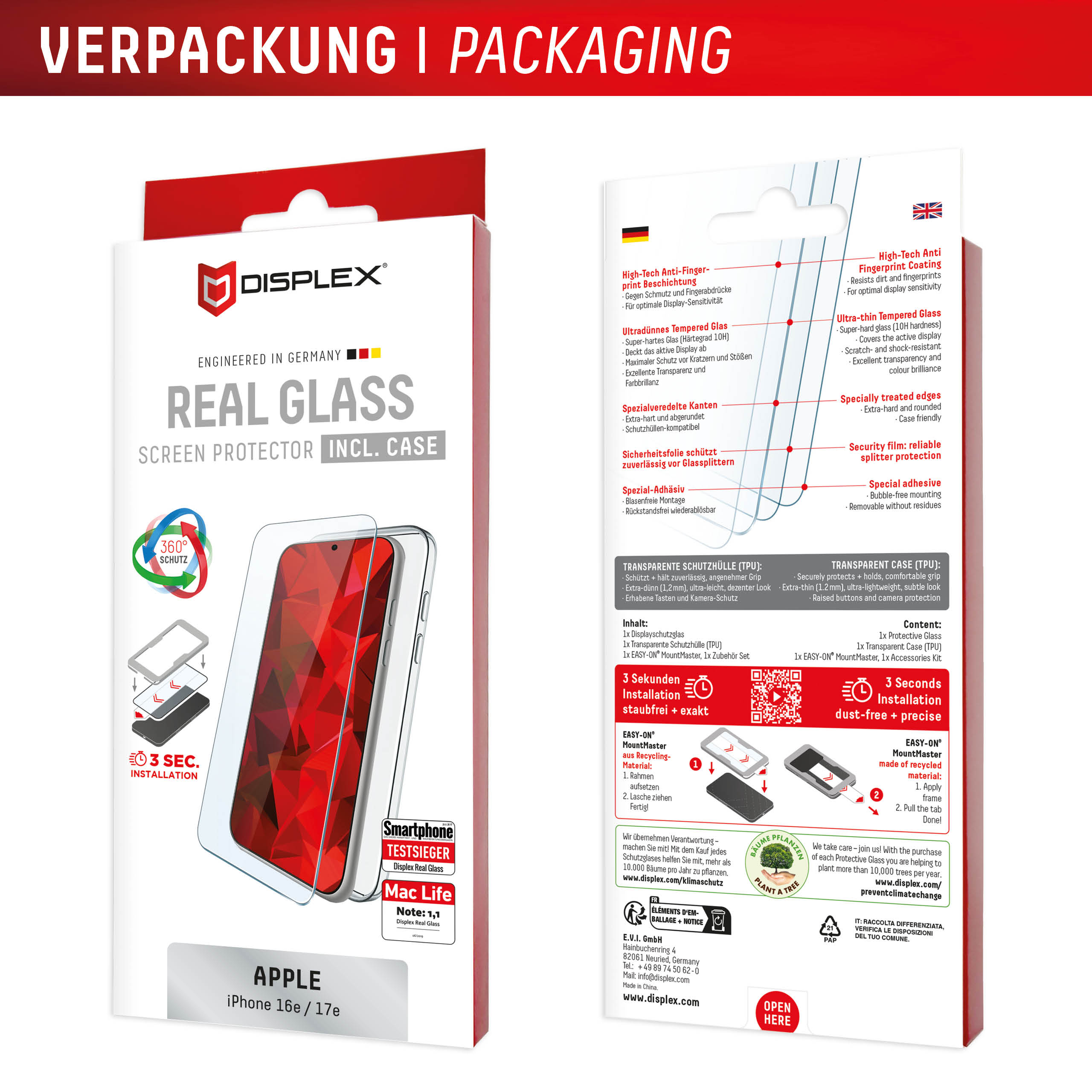 E.V.I. DISPLEX Real Glass MountMaster Panzerglas + Schutzhülle für iPhone 16e/17e Transparent