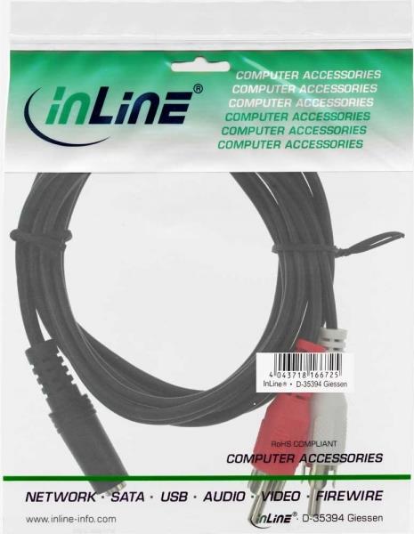 INLINE Cinch/Klinke Kabel, 2x Cinch Stecker an 3,5mm Klinke Buchse, 3m