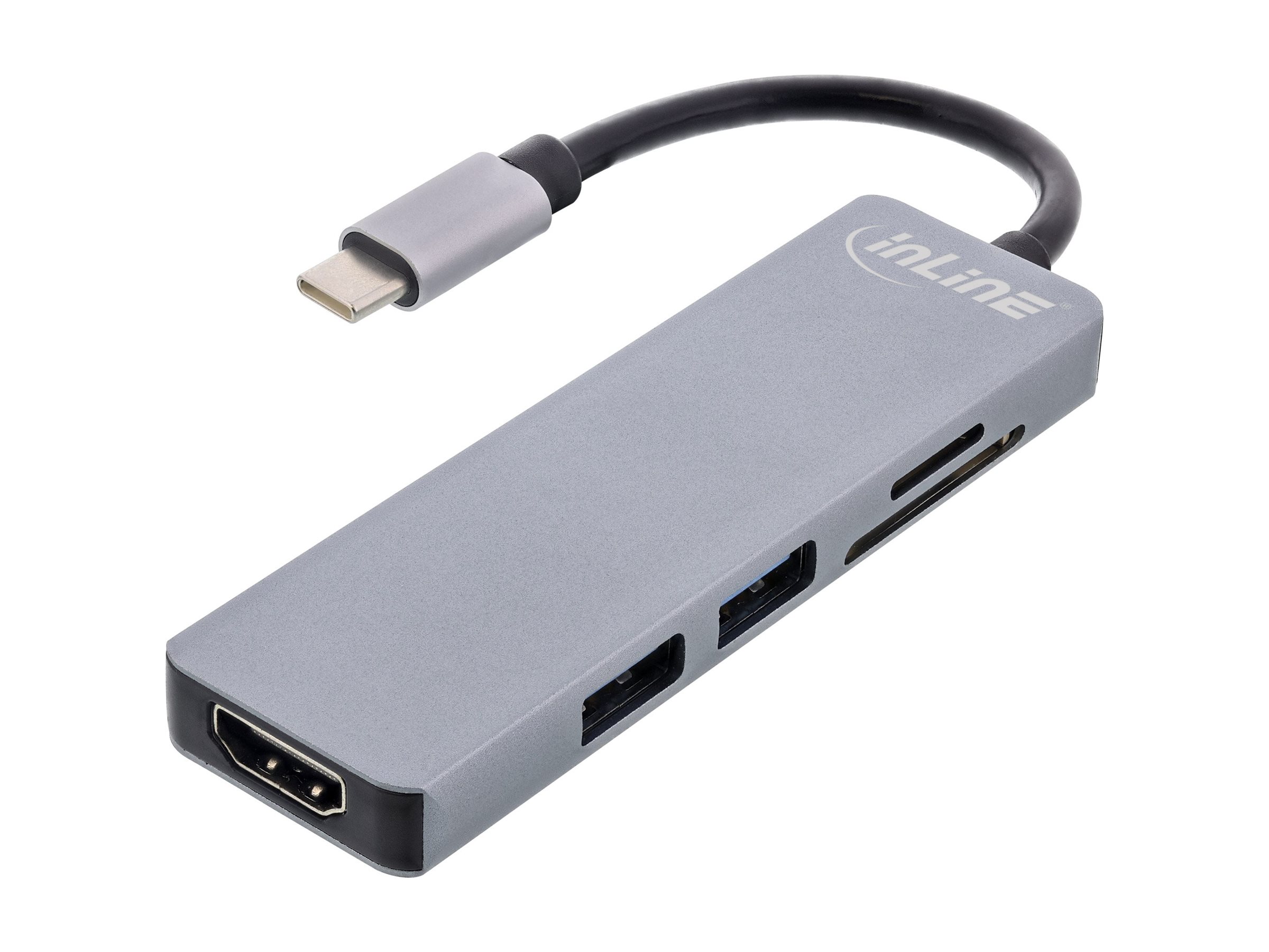 InLine Multifunktions-Hub USB 3.2 Gen 1 2x USB-A HDMI 4K/30Hz Cardreader Aluminium Grau