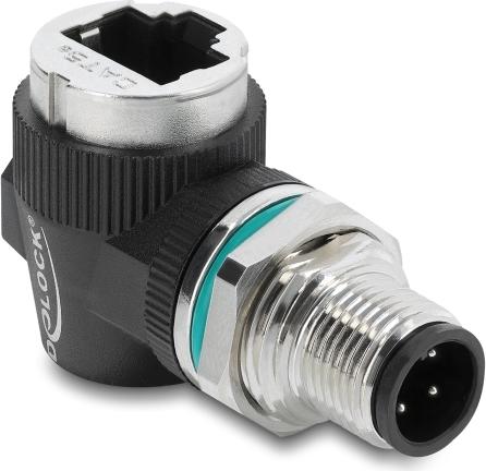 Delock M12 Adapter D-kodiert 4 Pin Stecker zu RJ45 Buchse zum Einbau rund 90° gewinkelt (90664)