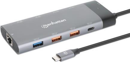 MANHATTAN USB-C PD 10-in-1 Dual-Monitor 8K Dockingstation / Multiport-Hub USB 3.2 Gen 2 Typ C-Stecker auf zwei HDMI-Ports (bis zu 8K@30Hz), fünf USB-A-Ports (bis zu 10 Gbit/s), USB-C Power Delivery-Port (85 W), USB-C-Datenport (10 Gbit/s) und Gigabit-RJ45-Port, Aluminium, Space Grau (130714)