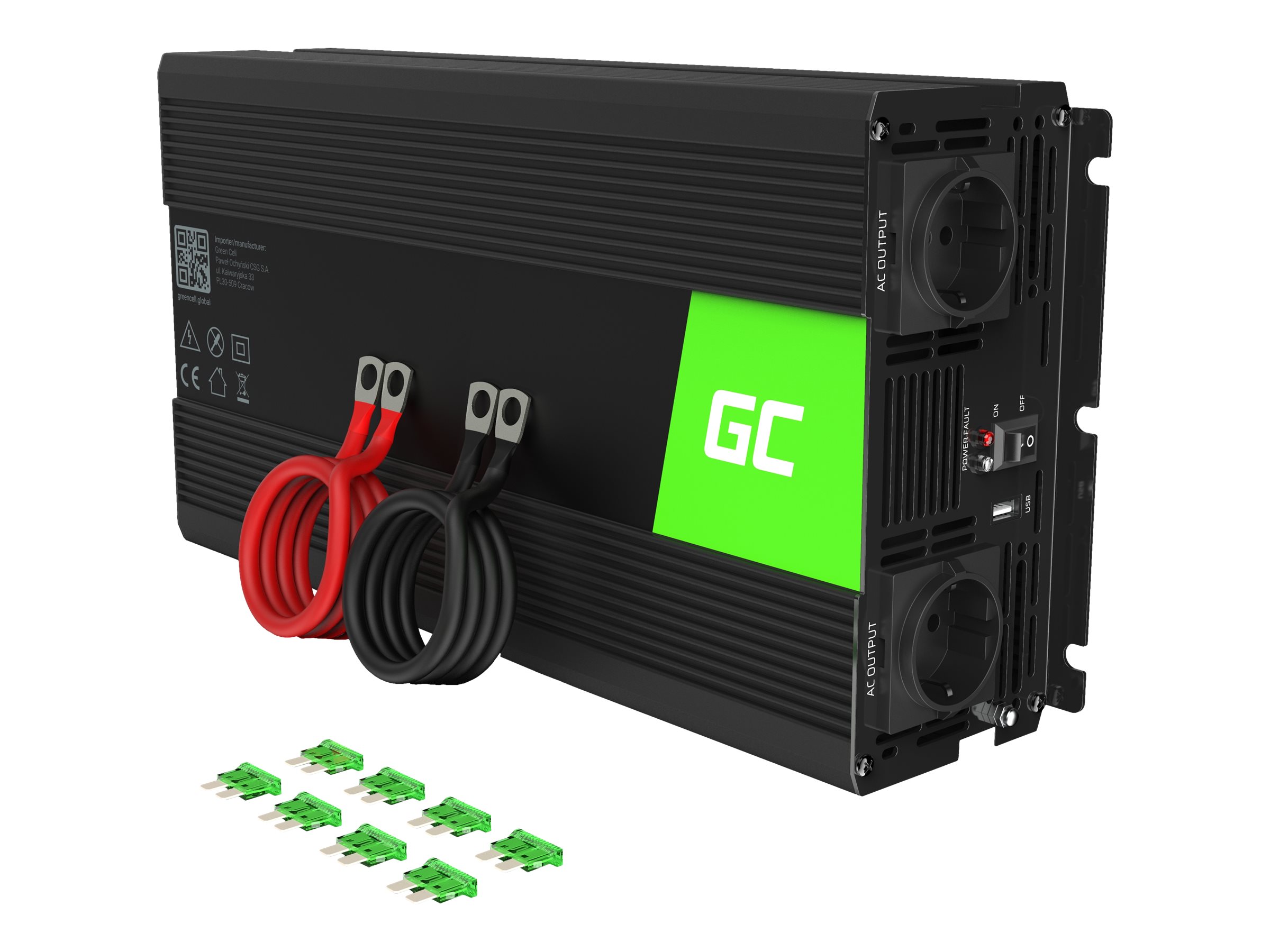 Green Cell INV22 Kfz-Wechselrichter 12 V auf 230 V 1500 W Schwarz