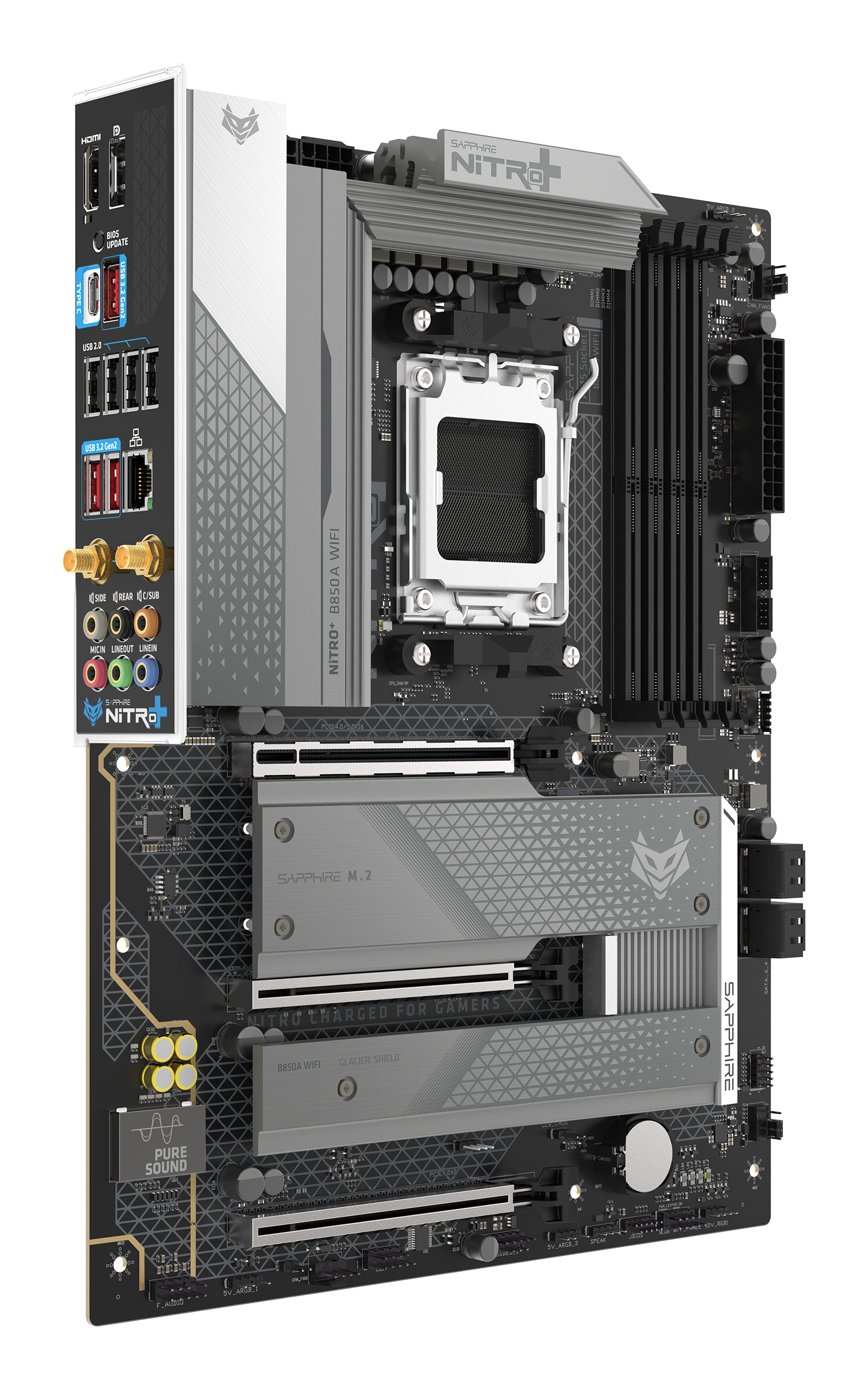 Sapphire NITRO+ B850A WIFI 7 Mainboard ATX Socket AM5 Schwarz, Grau