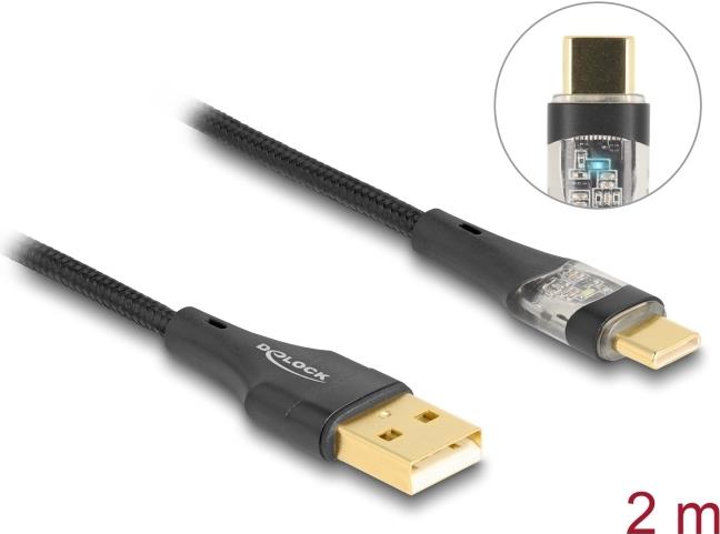 Delock USB 2.0 Kabel Typ-A Stecker zu USB Type-C™ Stecker mit Schnellladefunktion 60 W transparent 2 m (80761)