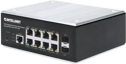 INTELLINET 8-Port Gigabit Ethernet PoE+ Web-Managed Industrie-Switch mit 2 SFP-Ports IEEE 802.3at/af-konform (PoE+/PoE), PoE-Strombudget bis zu 240 W, Endspan, Metallgehäuse mit Schutzklasse IP30, DIN-Schienenmontage (508278)