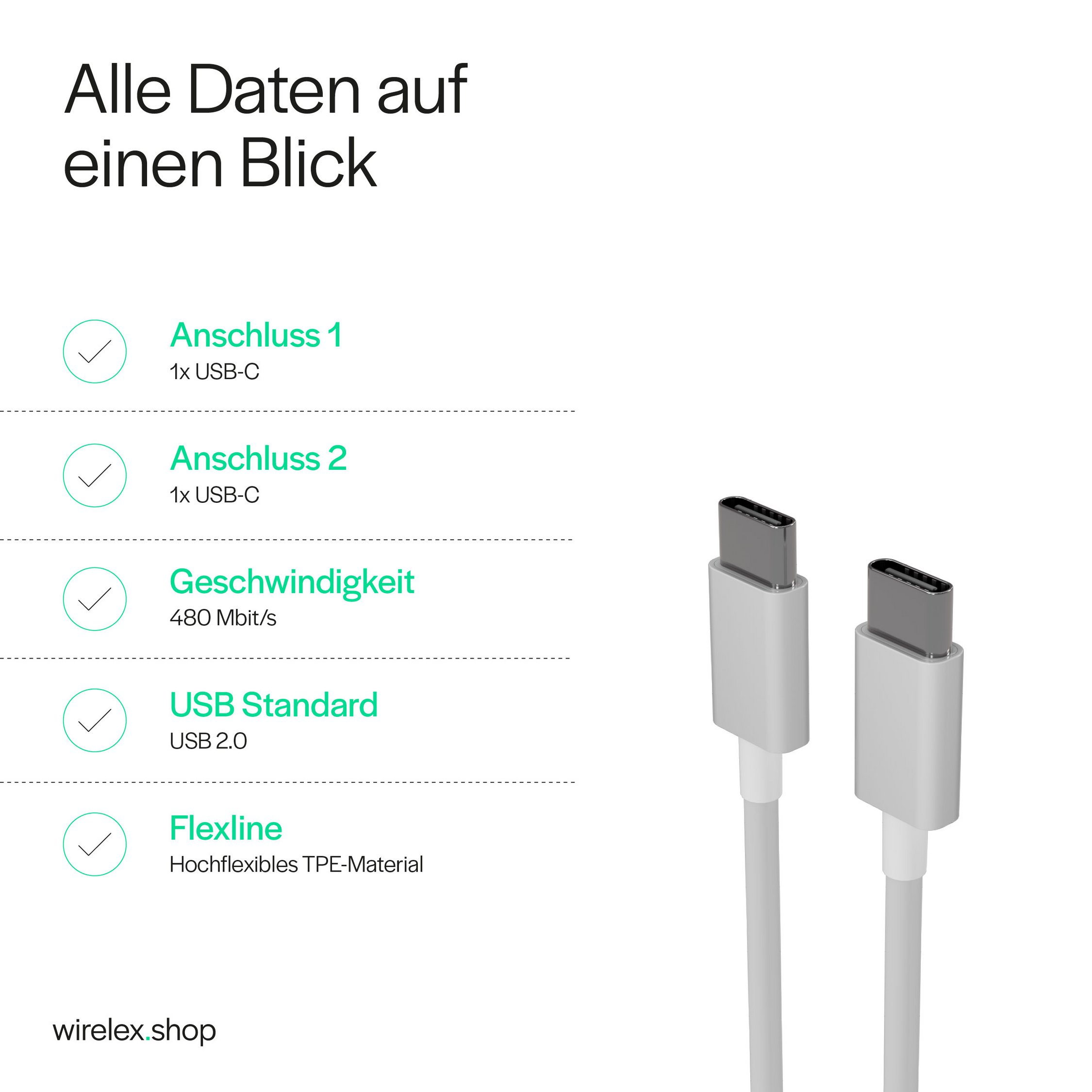 Flexline FL31-12052 USB-C auf USB-C Kabel 1,5 m Weiß