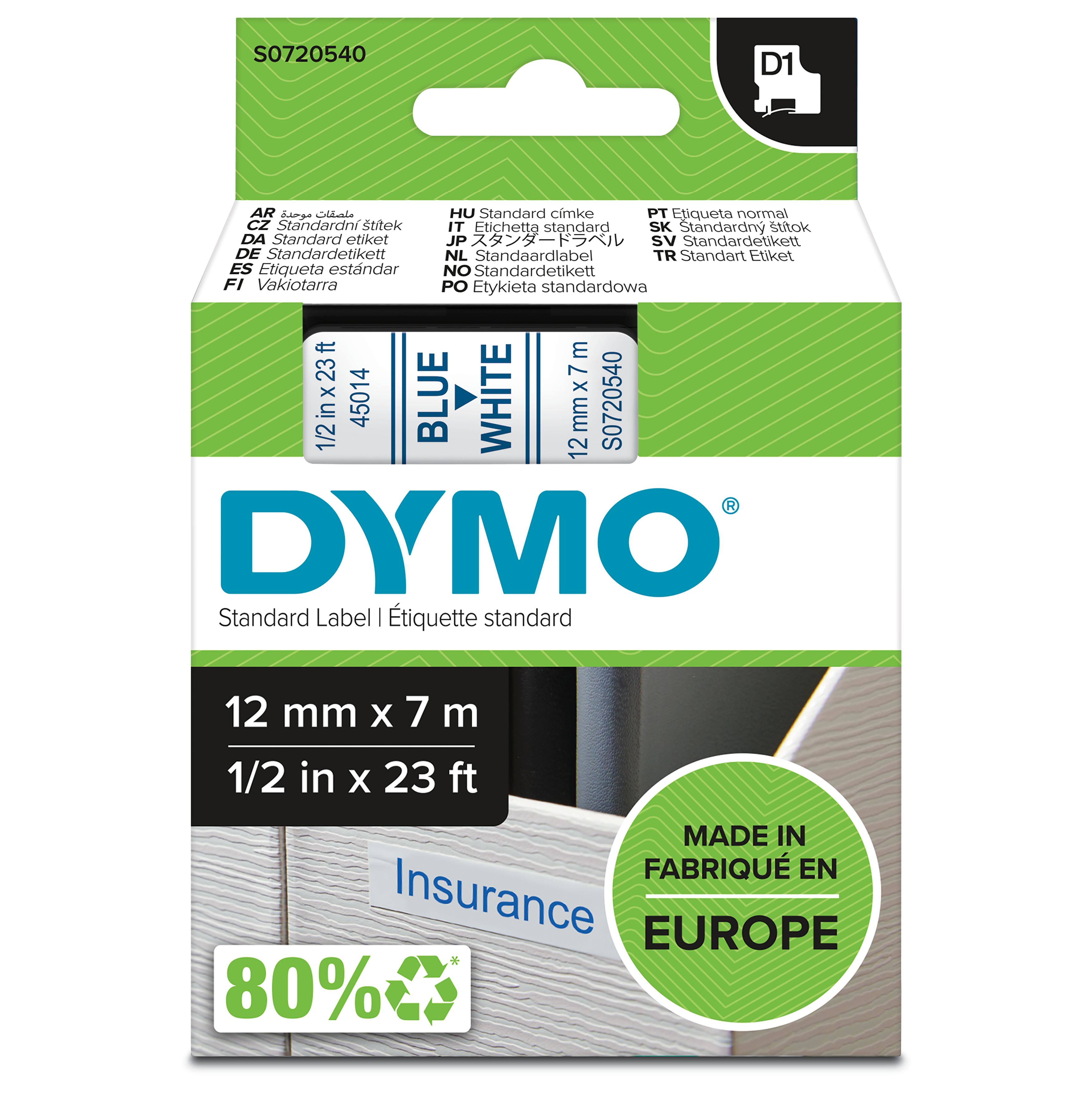 Dymo D1 Etikettenband 12 mm x 7 m Blau auf Weiß
