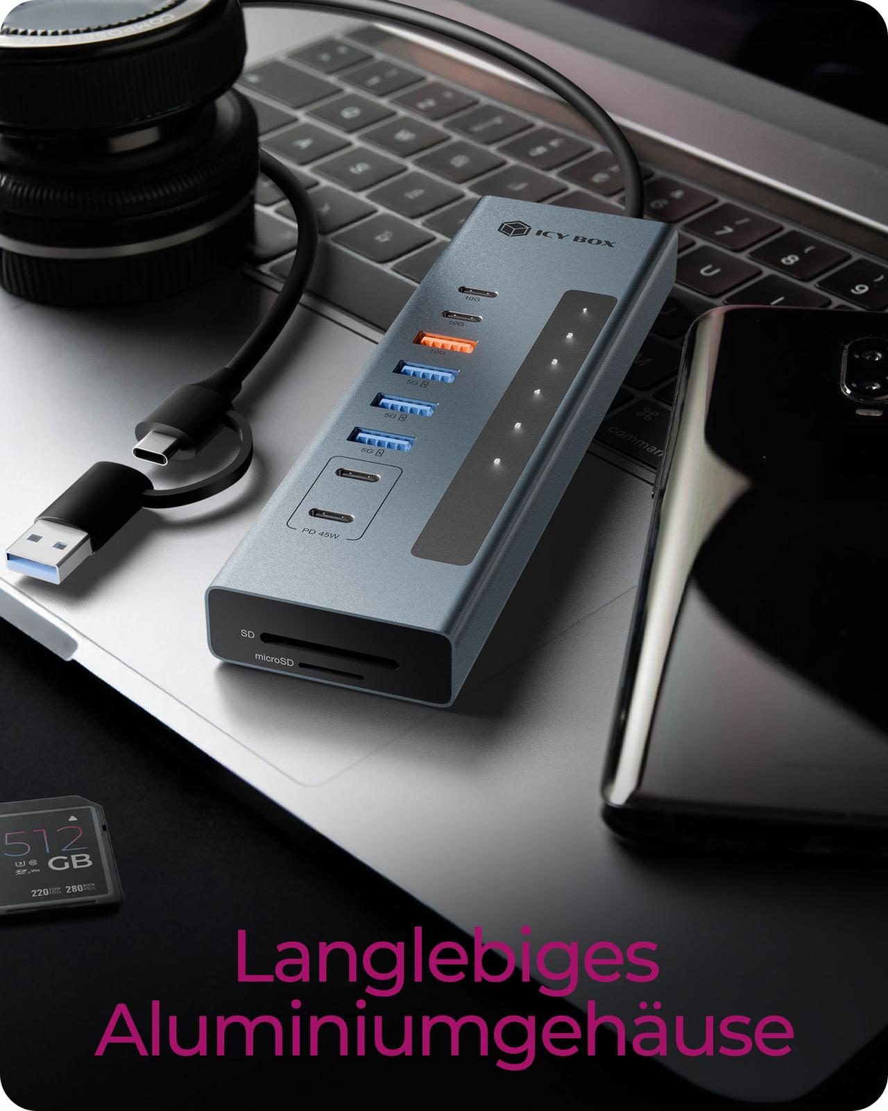 ICY BOX IB-HUB1742CR-C2PD USB 3.2 Gen 2 Hub mit PD und Kartenleser Schwarz