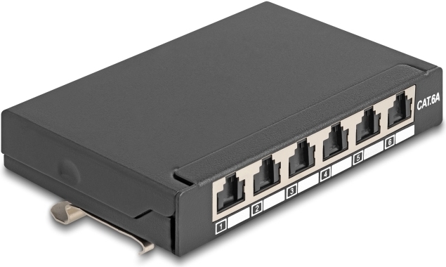 Delock Mini Desktop Patchpanel RJ45 Buchse 6 Port Cat.6A geschirmt schwarz - zur Montage an (90379)