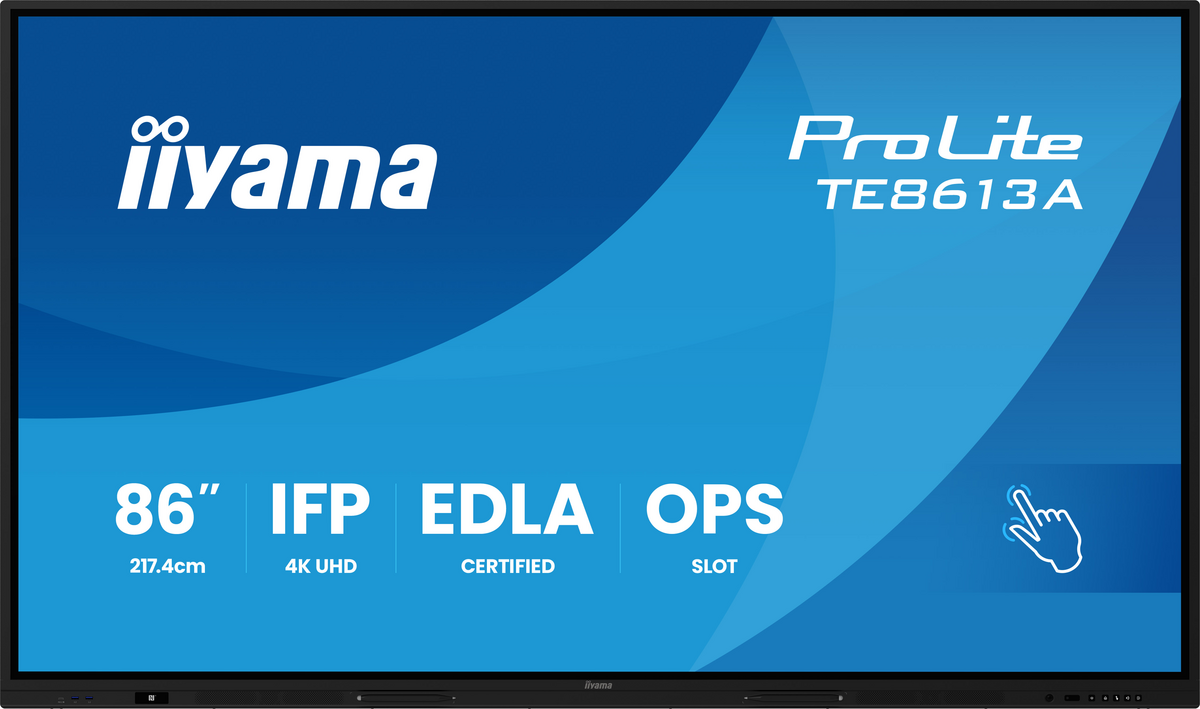 iiyama ProLite TE8613A-B1AG , PureTouch-IR, 4K, USB-C, RS232, USB, schwarz Touchmonitor, Bildschirmdiagonale: 217 cm (86''), PureTouch-IR, Auflösung: 3840x2160 Pixel, VESA Mount (800x400 mm), Reaktionszeit: 8msms, Helligkeit 450cd, Blickwinkel 178°/178°°(H/V), Kontrast: 1200:1, Antiglare, Anschluß: USB-C, RS232, Audio, Display-Port, HDMI, Intel Quad Core, 1,4 GHz, RAM: 8MB, Flash: 128 MB, USB, HDMI, Netzkabel (EU, UK), QSG, Farbe: schwarz (TE8613A-B1AG)