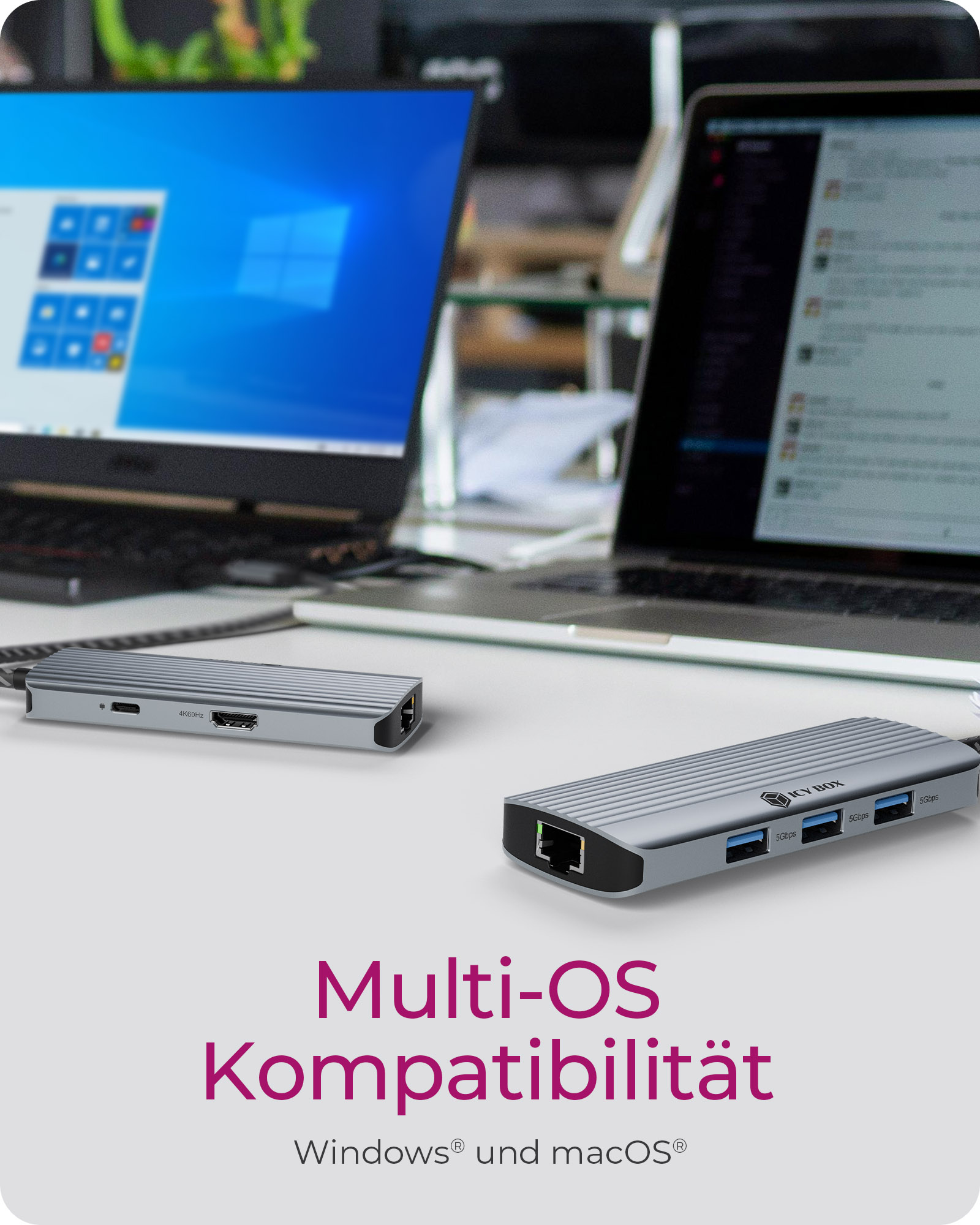 ICY BOX IB-DK4034a-CPD Dockingstation 6-in-1 USB-C HDMI 4K@60Hz 3× USB-A RJ45 100W PD Schwarz/Silber