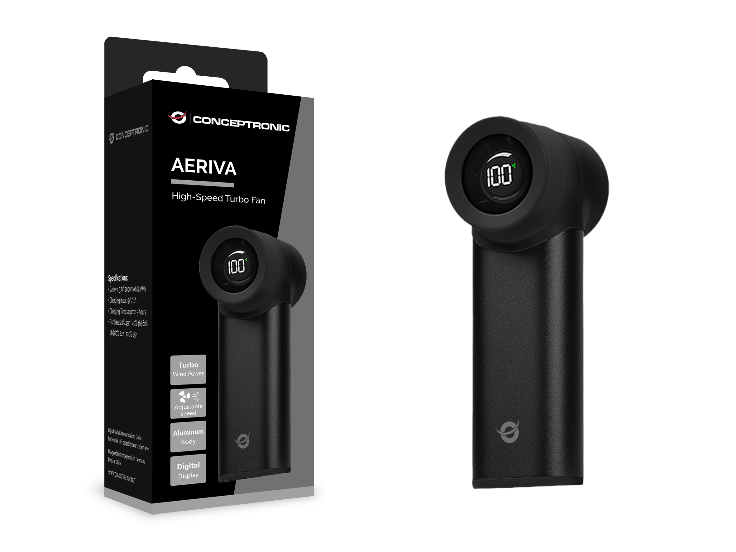 Conceptronic AERIVA02B Handventilator High-Speed Turbo USB-C Aluminium Schwarz