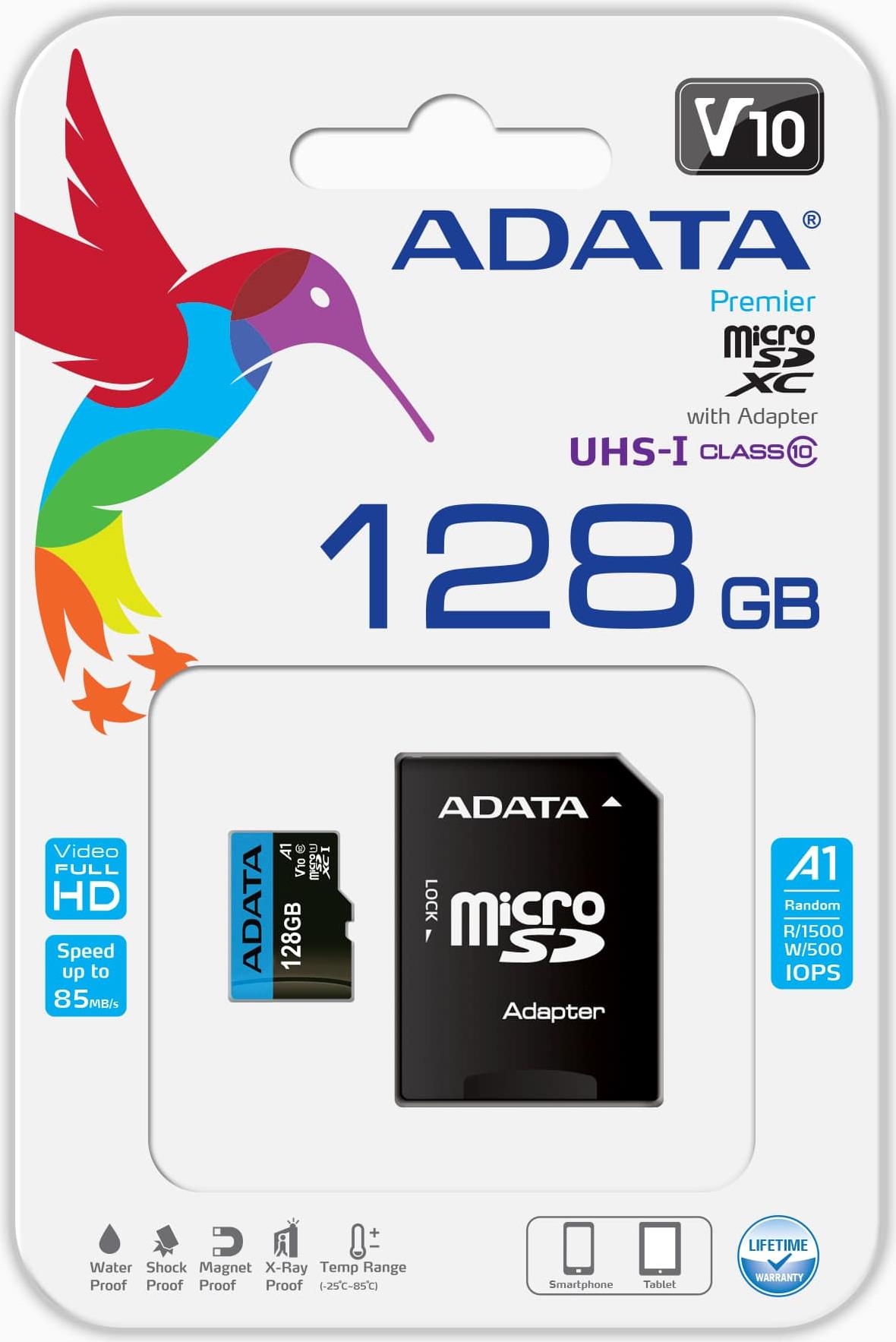 ADATA Premier Flash-Speicherkarte (microSDXC-an-SD-Adapter inbegriffen) (AUSDX128GUICL10A1-RA1)