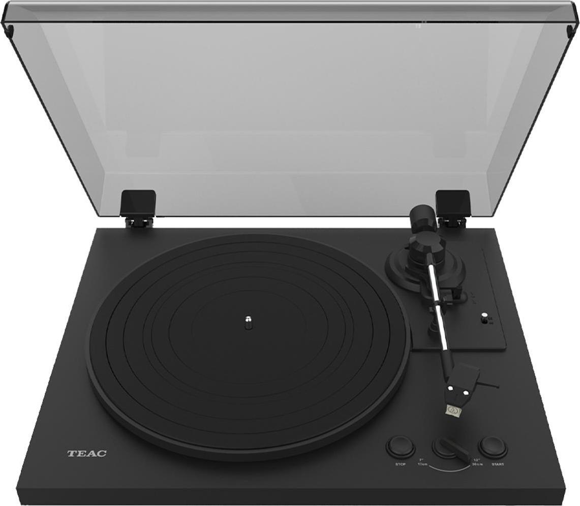Teac TN-175-B Vollautomatik HiFi Plattenspieler (Riemenantrieb, 33/45 U/min, integrierter Phono-Vorverstärker, AT3600L MM-System, High-Density MDF-Gehäuse), Schwarz (248054) (geöffnet)