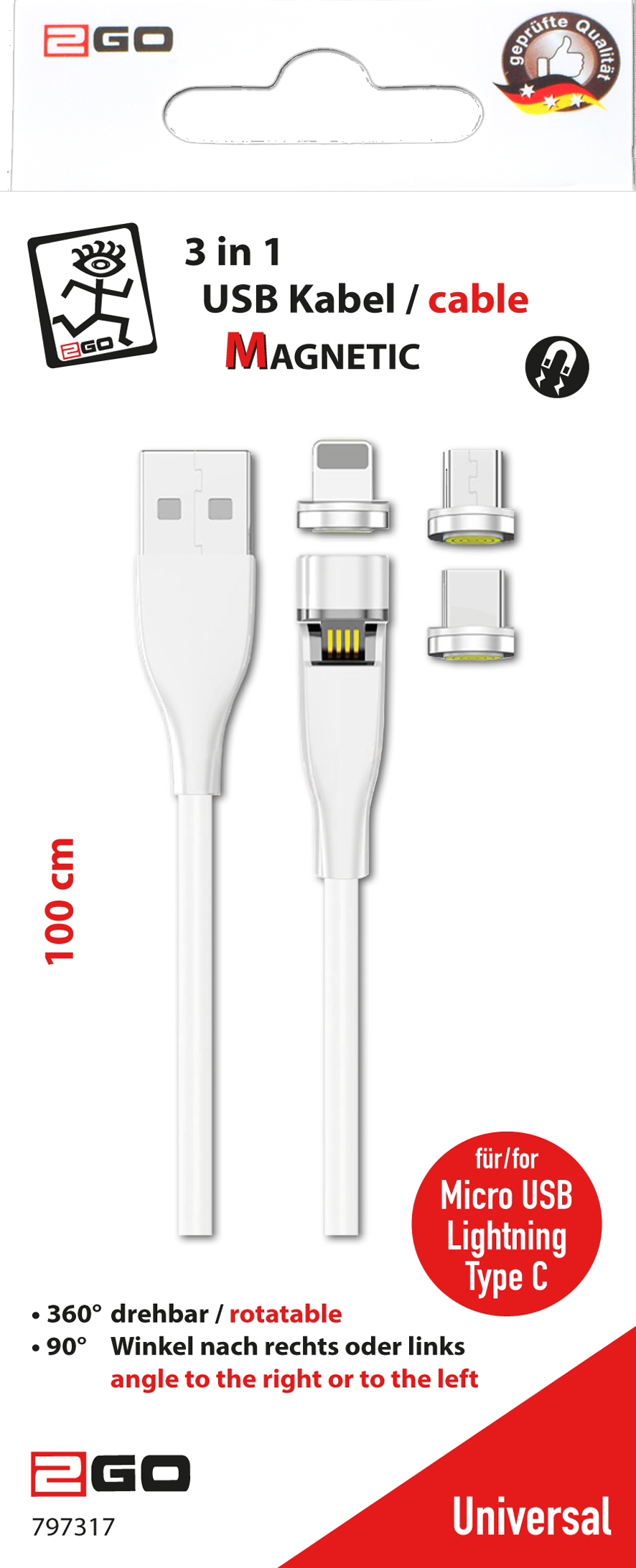 2GO 797317 USB Kabel 1 m USB B USB C/Micro-USB B/Lightning Weiß (797317)