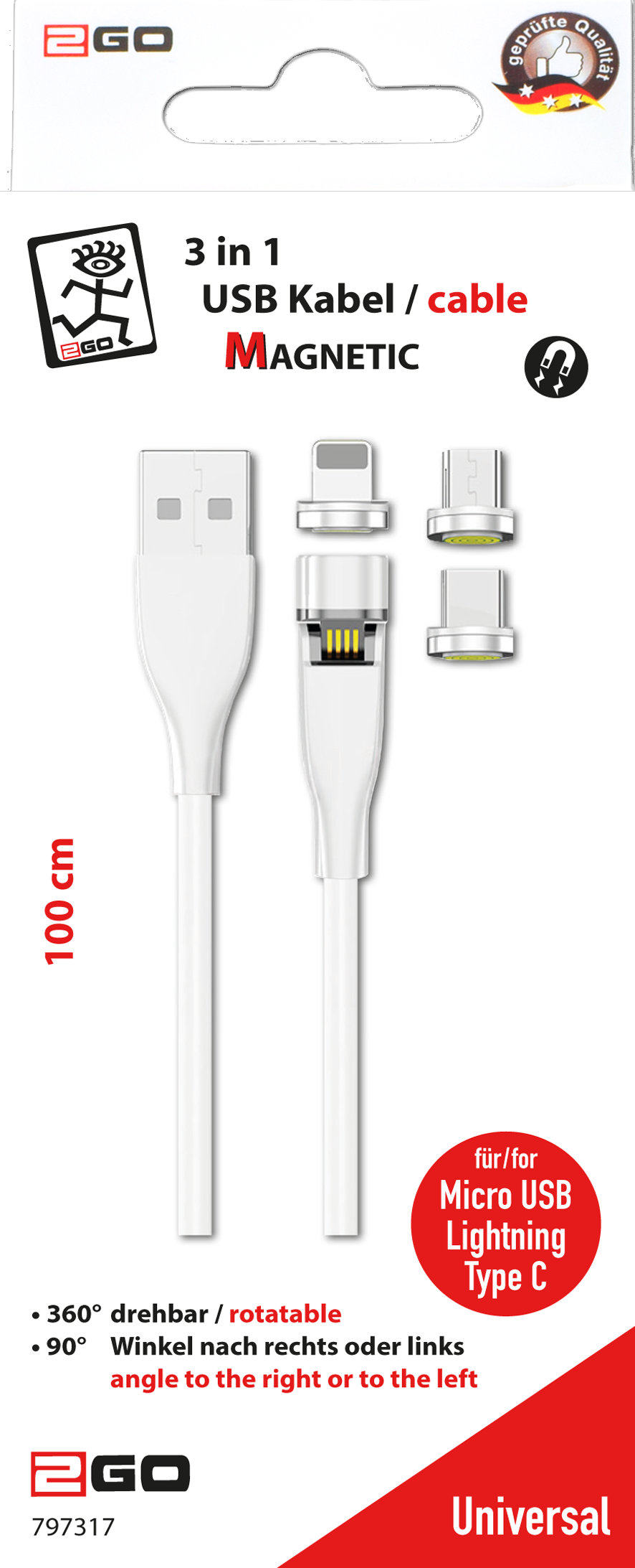 2GO 797317 USB-Kabel 1 m USB B auf USB C/Micro-USB B/Lightning Weiß