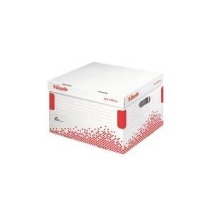 Esselte Archiv-Klappdeckelbox SPEEDBOX, Große: L, weiß/rot, aus 100% recycelter Pappe, zu 100% wiederverwertbar, FSC - 15 Stück (623913)