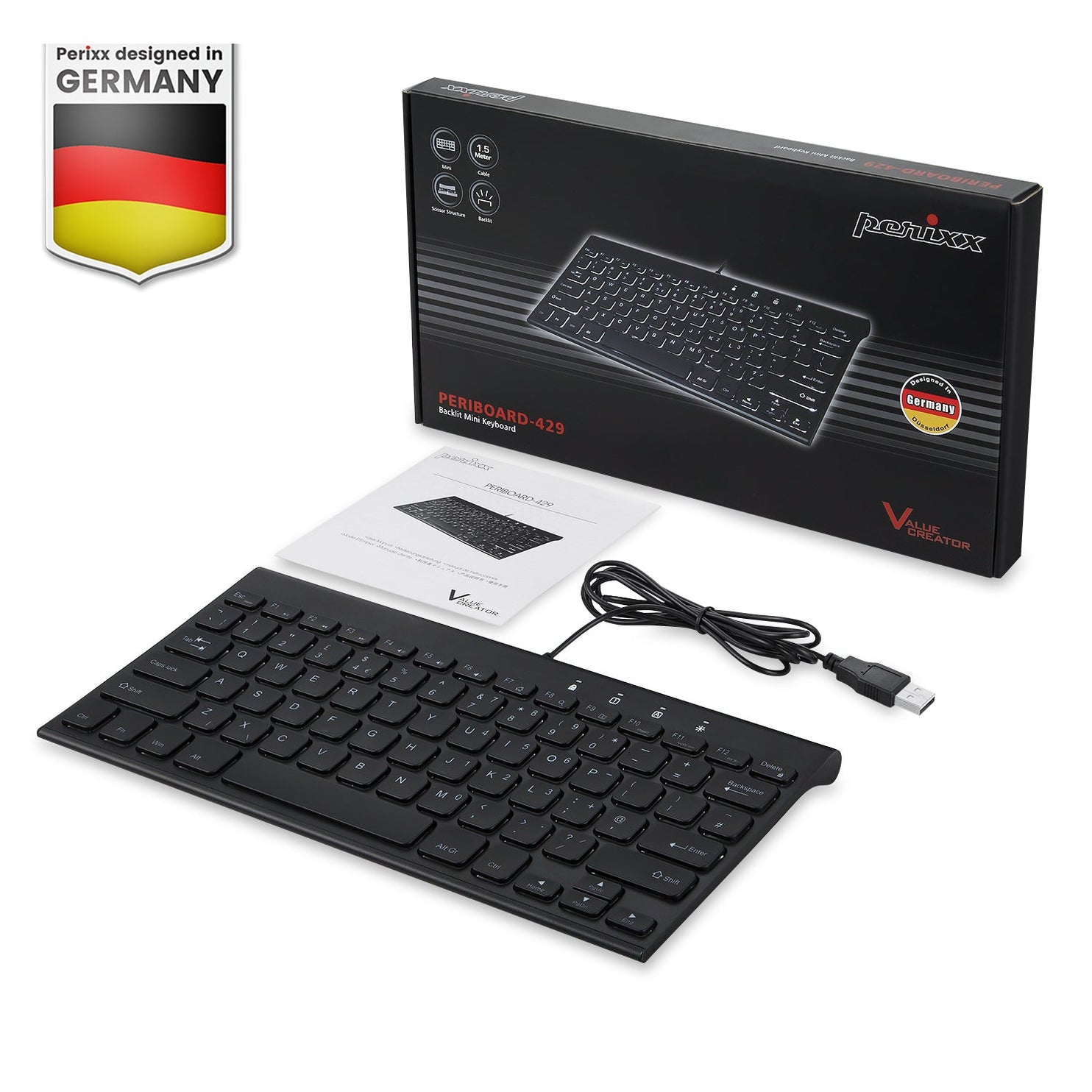Perixx PERIBOARD-429 Kabelgebundene USB Mini Tastatur mit LED-Hintergrundbeleuchtung QWERTZ Schwarz