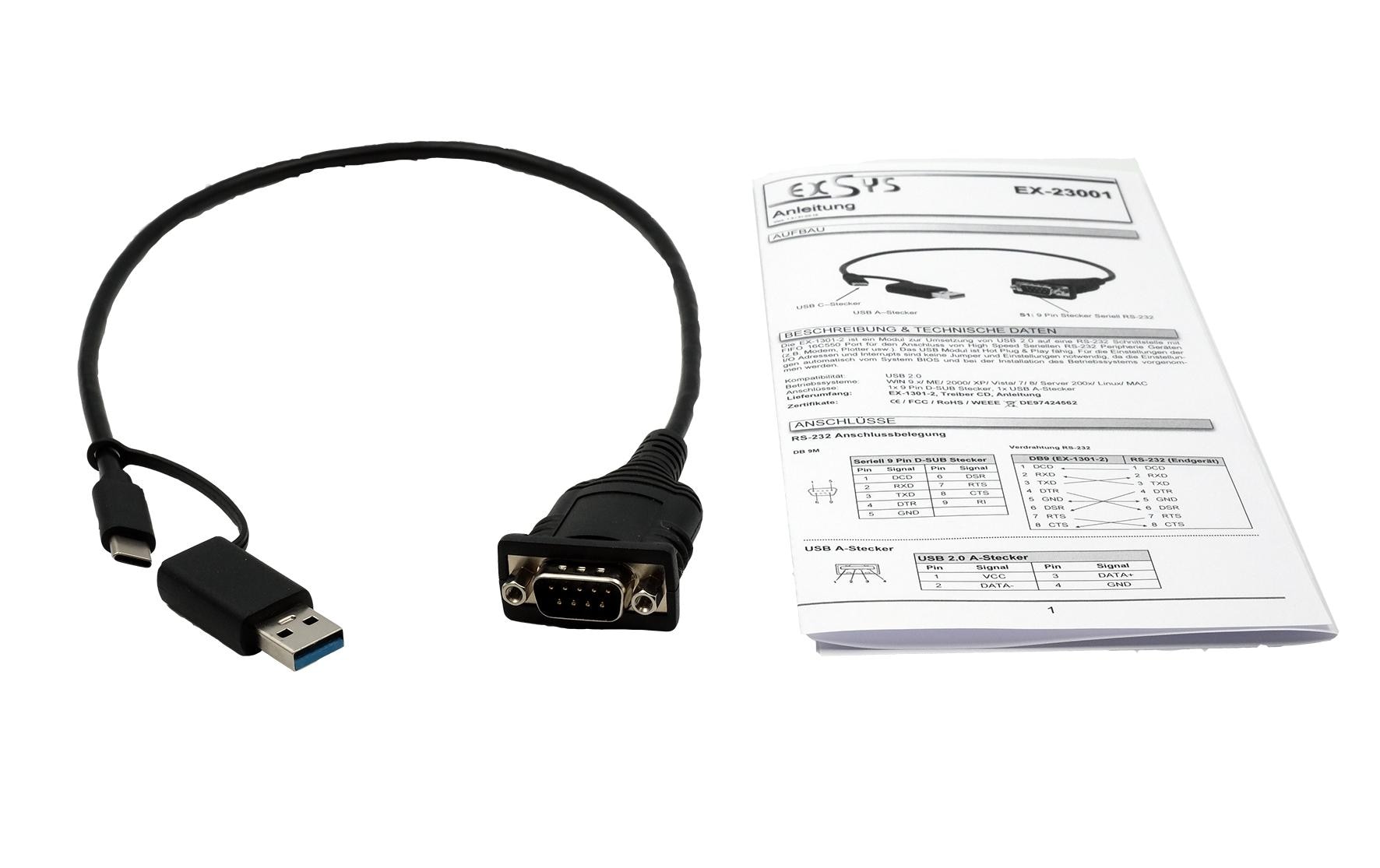 Exsys EX-23001 Serien-Kabel USB-A/USB-C zu DB-9 (RS-232), 0,5 m, Schwarz