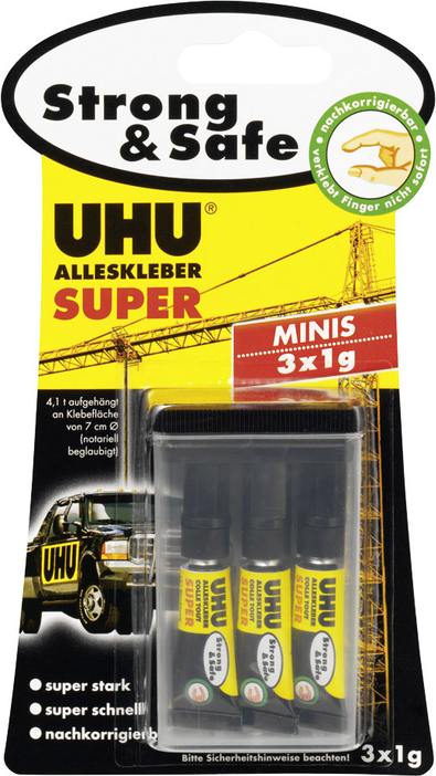 UHU Sekundenkleber SUPER Strong & SAFE MINIS, 3 Tuben à 1 g, Gel, nachkorrigierbar