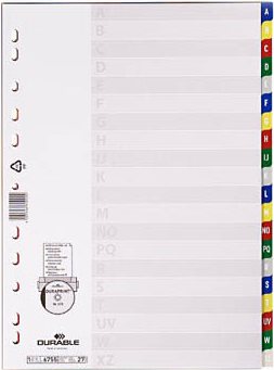 DURABLE Register A4 20-tlg. A-Z mit farbigen Taben geprägt und Deckblatt PP 20 ST 675527