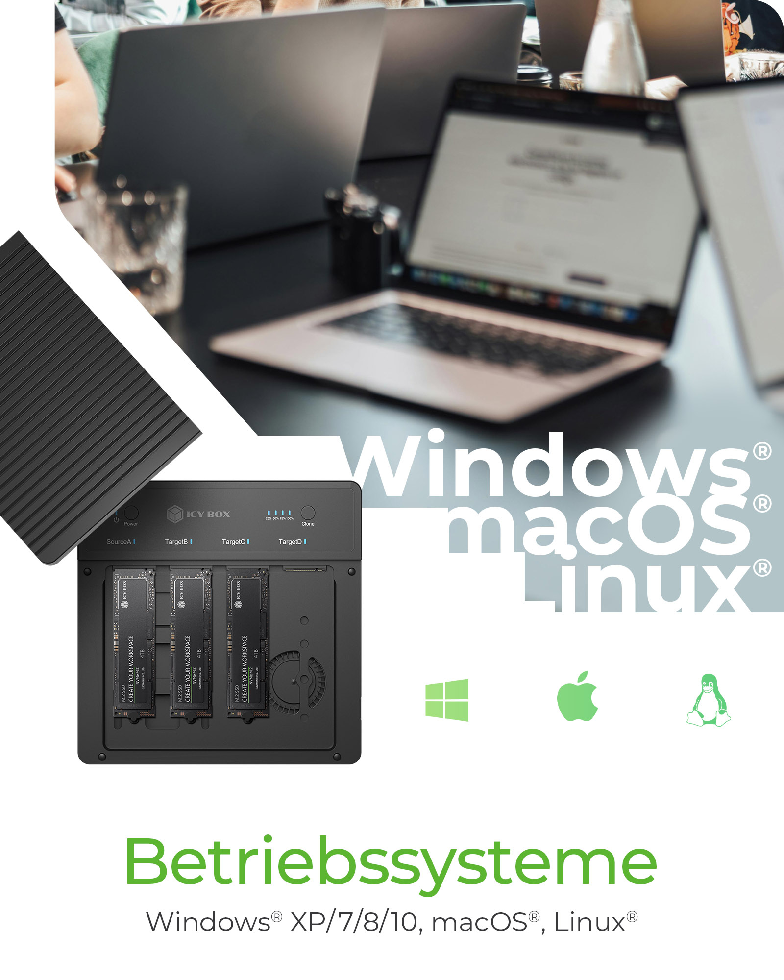 ICY BOX CloneStation IB-4013MCL-C4 Dockingstation SSD-Duplikator M.2 NVMe USB 4 Schwarz