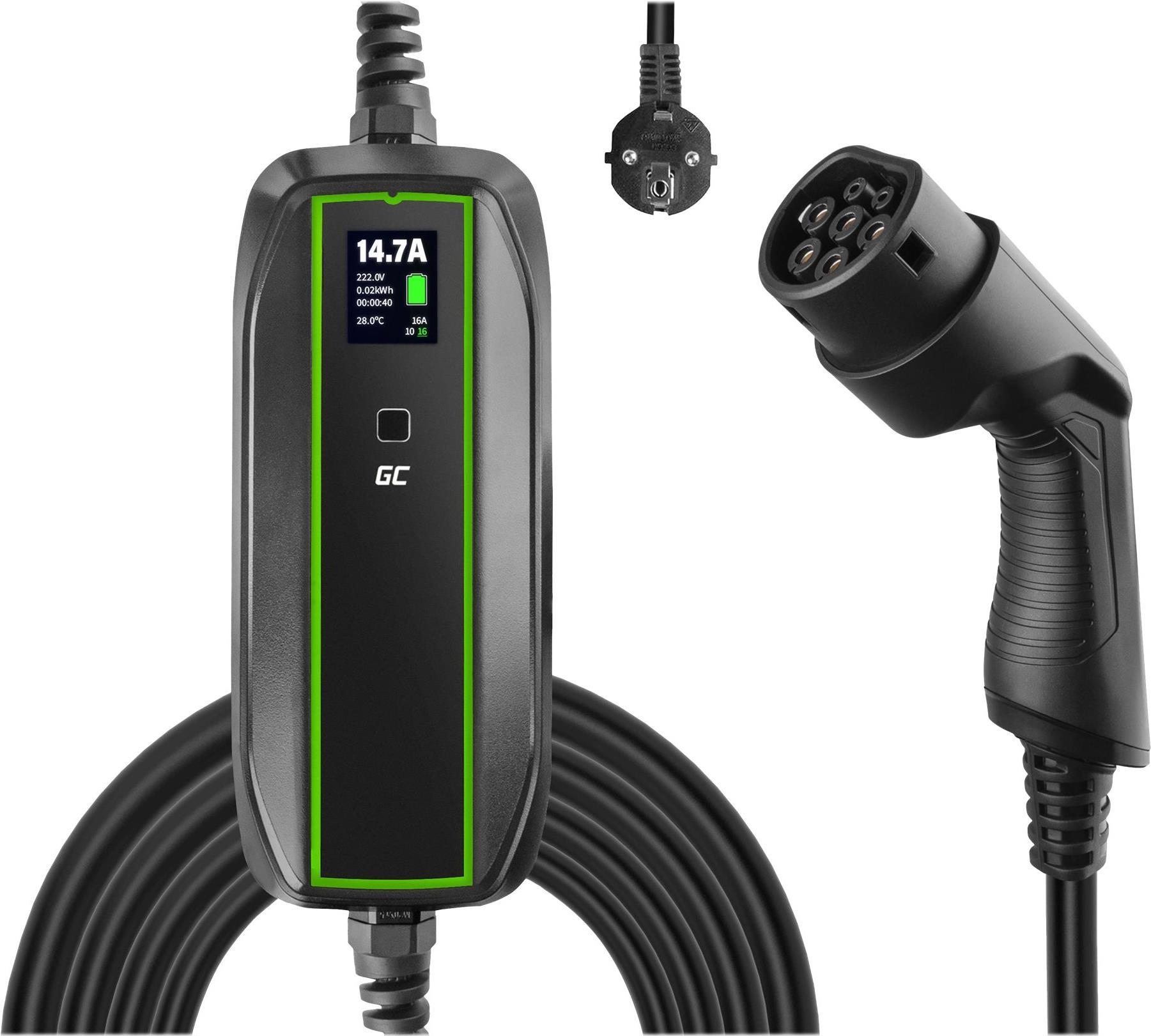 Green Cell EV16. Gehäusefarbe: Schwarz, Bildschirmtechnologie: LCD, Kabelfarbe: Schwarz. Energiequelle: AC, Internationale Schutzart (IP-Code): IP66, Fahrzeug-Anschlussstecker: Typ 2. Einpahsige Ausgangsspannung unterstützt: 230 V, Nennfrequenz: 50 Hz, Maximale Betriebsleistung (einphasig): 3,6 kW. Ladekabellänge: 6,5 m (EV16)