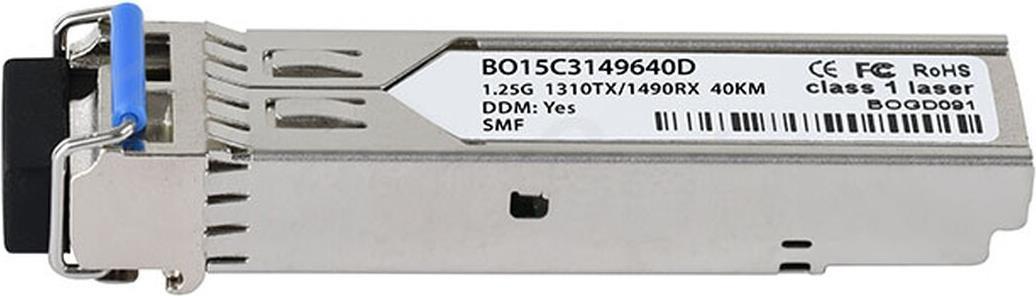 BlueOptics SFP-BXU34-40KM-EN-BO. SFP Transceiver-Typ: Faseroptik, Maximale Datenübertragungsrate: 1250 Mbit/s, Schnittstelle: SFP. Produktfarbe: Silber, Gehäusematerial: Metall, Mittlere Betriebsdauer zwischen Ausfällen (MTBF): 1000000 h. Gewicht: 20 g. Anzahl enthaltener Produkte: 1 Stück(e), Paketgewicht: 30 g (SFP-BXU34-40KM-EN-BO)