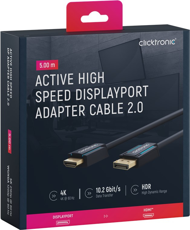 Clicktronic Casual DisplayPort auf HDMI Adapterkabel, 5 m, 10,2 Gbit/s, 4K@60Hz, Schwarz