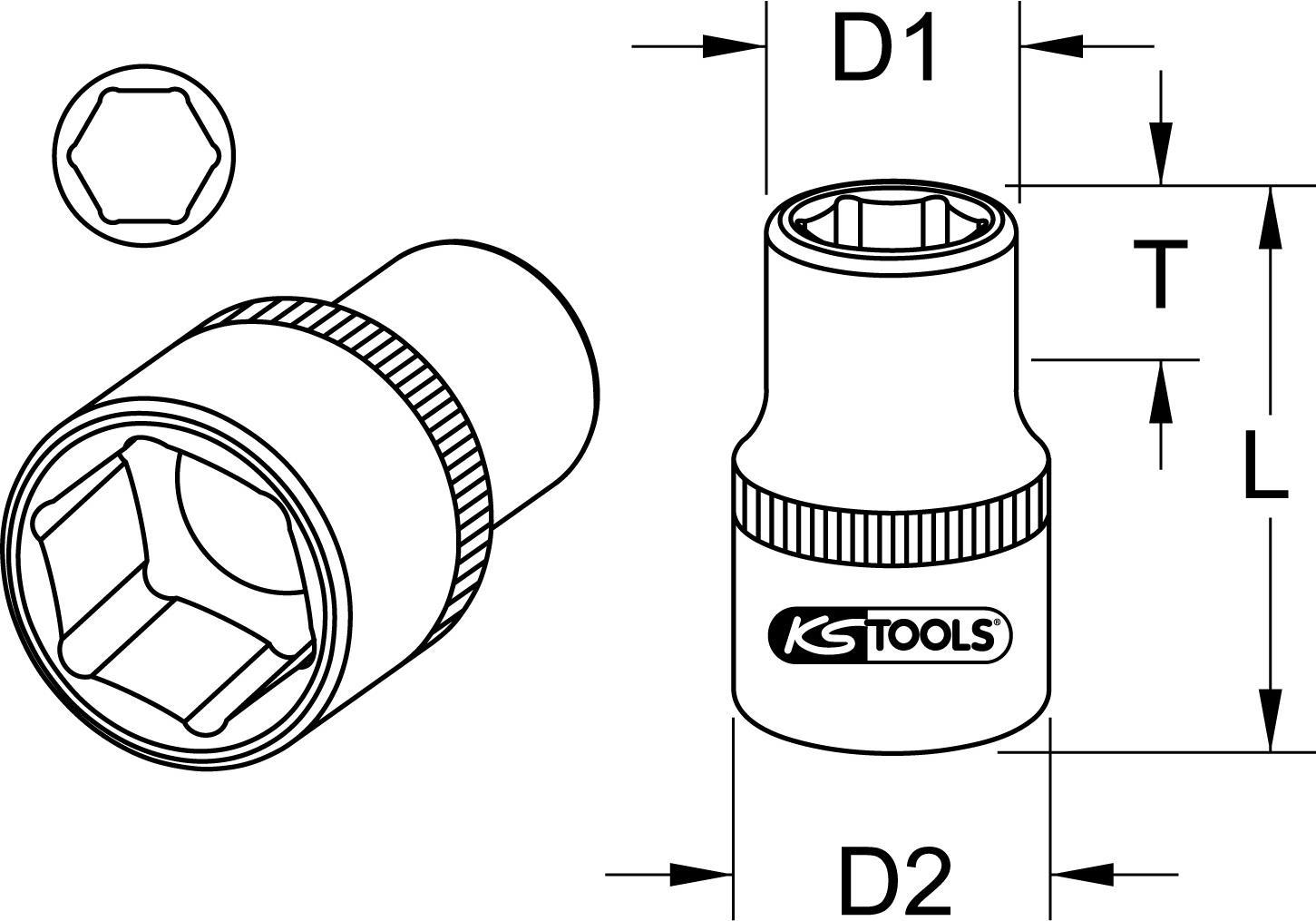 KS TOOLS EDELSTAHL 1/2" 6kant-Stecknuss, 14mm (964.1214)