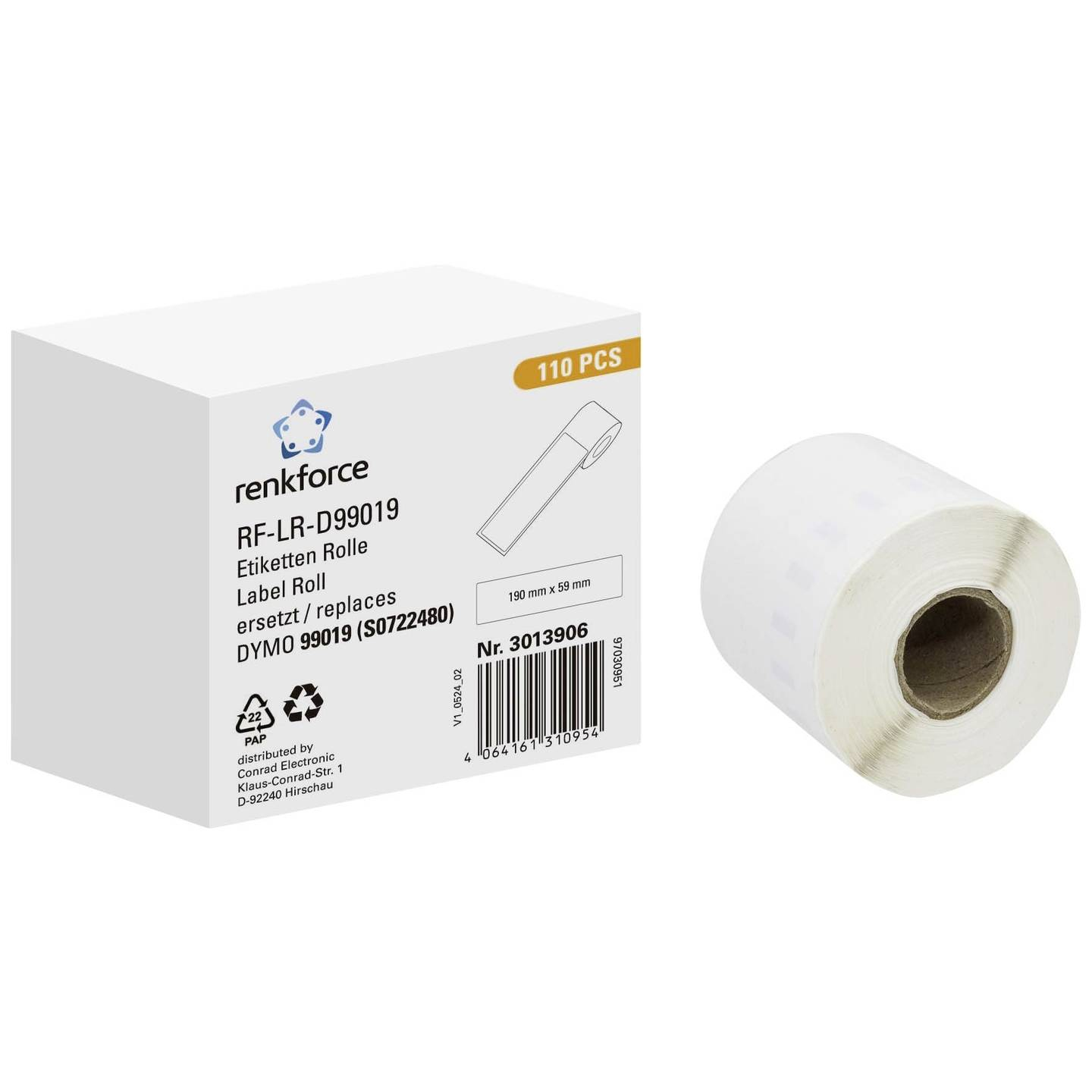 Renkforce RF-6027812 Etikettenrolle 190 x 54 mm 110 Etiketten Weiß