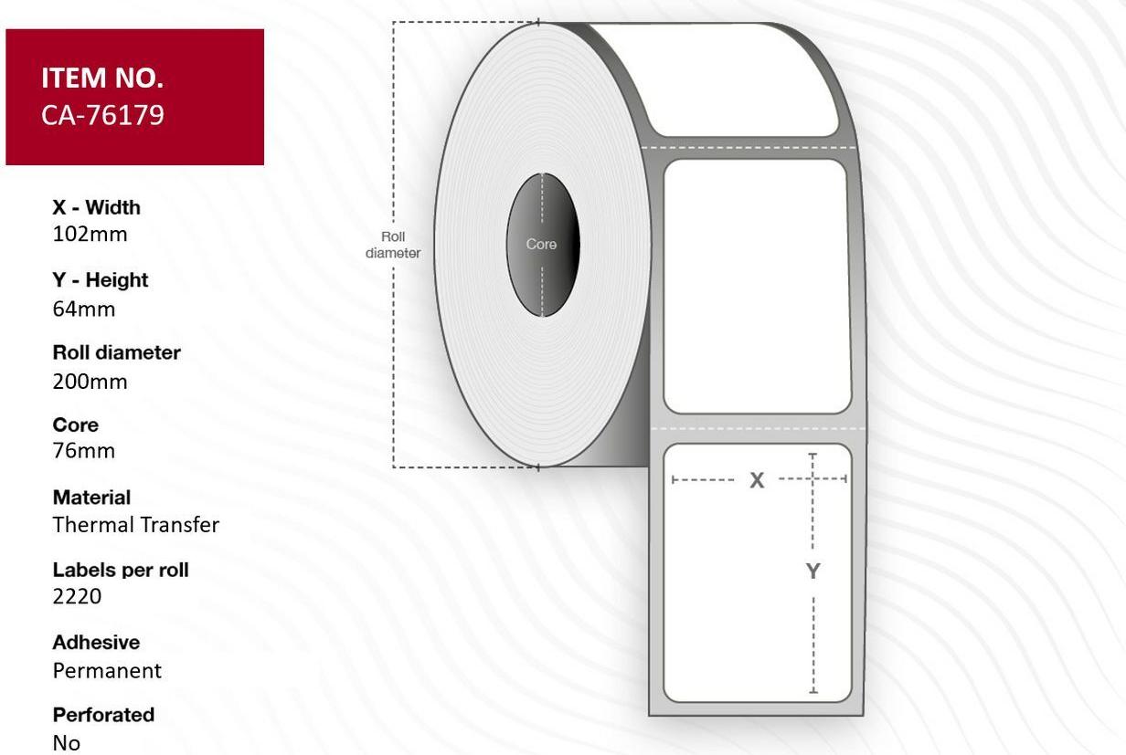 Capture Label 102 x 64mm, Core 76mm, Permanent, No perforation, 2220 labels per roll, 4 rolls per box (CA-76179)
