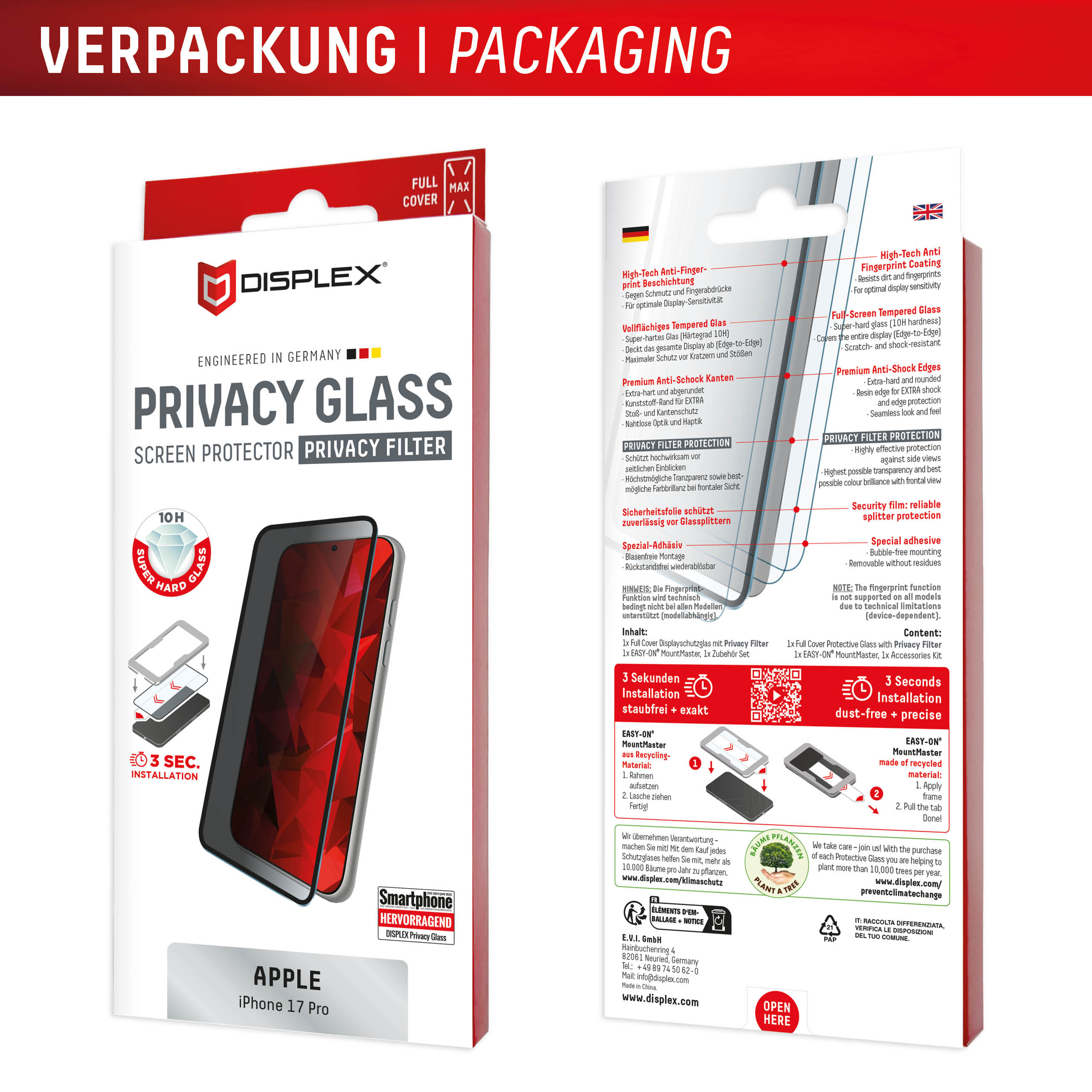 E.V.I. DISPLEX Privacy Glass MountMaster Displayschutzglas Apple iPhone 17 Pro Schwarz