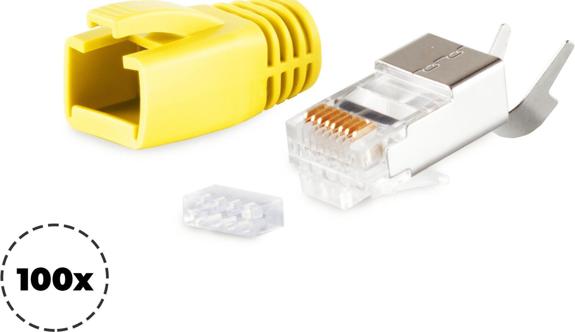 S/CONN maximum connectivity Netzwerk Modular Stecker RJ45 SET für Verlegekabel bis AWG 23, Stecker mit Zugentlastung, Einführhilfe und Tülle, gelb VE 100 (72067-100Y)