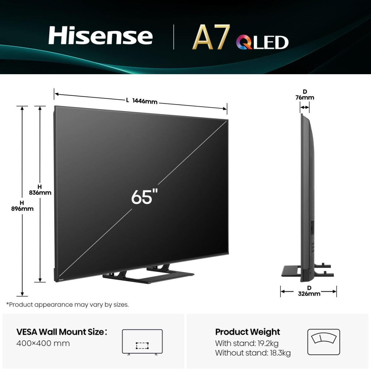 Hisense A7Q 65A7Q 65" QLED Smart TV 4K UHD VIDAA Dolby Vision HDR10+ Multituner Schwarz