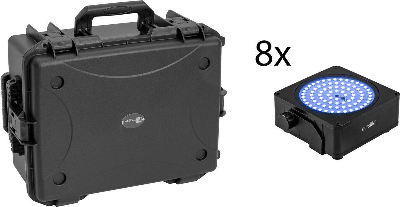 EUROLITE Set 8x AKKU IP Flat Light SMD RGBW IP65 sw + Kunststoffcase mit Trolley