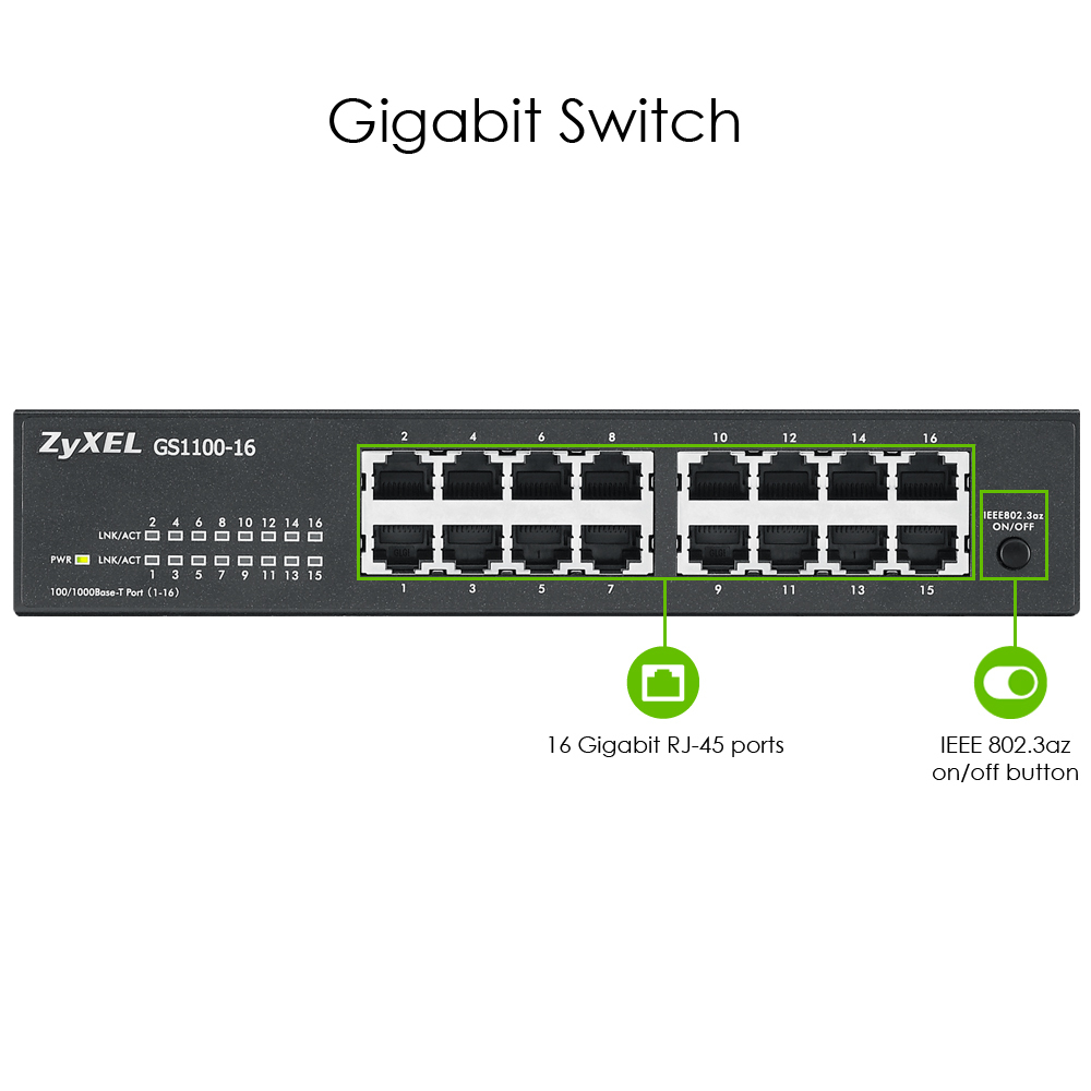 Zyxel GS1100 GS-1100-16 V3 Unmanaged Switch 16 Ports Gigabit Ethernet Schwarz