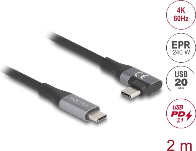 Delock USB 20 Gbps Kabel gewinkelt links / rechts USB PD 3.1 Extended Power Range 240 W 2 m (81132)